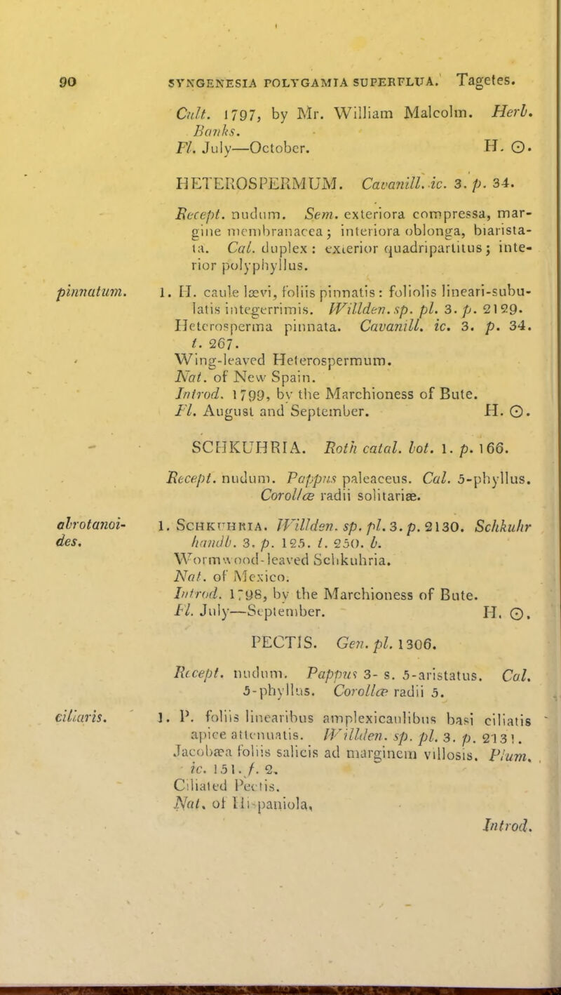 pinnatum. alrotanoi- des. ei liar is. Cult. 1/97, by Mr. William Malcolm. Herl, Banks. F/. July—October. H. ©. HIiTEUOSPERMUM. Caoanill. ic. 3.'p. 34. Recept. nudum. Sem. cxteriora compressa, mar- gine nicnibranacea ; interiora oblonga, biarista- Cg/. duplex : cxierior quadriparlilus ; inte- rior polypiiyllus. 1. M. caule Icevi, foliis pinnatis: foliolis lineari-subu- lalis integtrrimis. IVillden.sp. pi. 3. p. 2199. Hetcrosperma pinnata. CavanilL ic. 3. p. 34. t. 267. Wing-leavcd Helerospermum. Nat. of New Spain. Inirod. 1/99, by tiie Marchioness of Bute. I'l. August and September. H. ©. SCHKUHRIA. Roth caial. Lot. i. p. i66. Recept. nudum. Pappus paleaceus, Cal. 5-phyllus. Cor oil cB radii solitariae. 1. ScHKrmtiA. JVilhien. sp. pl.3.p.^\30. Schkuhr liaiulb. 3. p. 125. /. 250. b. Worm'A ood-leaved Sclikuhria. Not. of Mexico, I/ifrod. 1798, by the Marchioness of Bute. Fl. July—September. H, ©. PECTIS. Ge7i.pL\306. Recept. nudum. Pappus 3- s. 5-aristatus. Cal. 5-phyllus. Corollcp radii 5. 1. P. fol iis linearihus amplexicanlibus basi ciliatis apice attc nuaiis. IVillden. sp. pi. 3. p. 213 l. Jacoba?a foliis salicis ad marginem villosis. Plum, ic. 151. /. 2, Cdialed Pectis. iV«/. of lli-paniola, J/itrod.