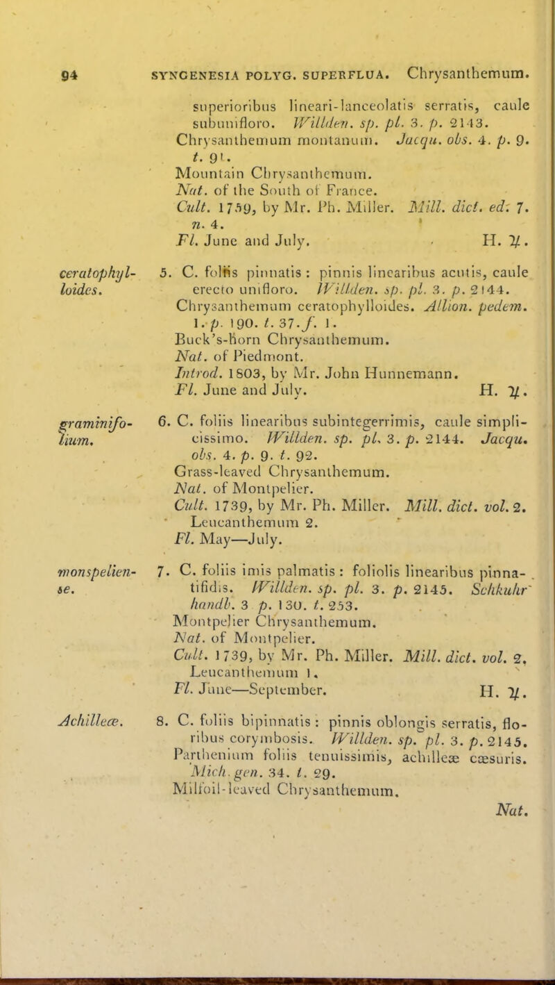 siiperioribiis lineari-lanceolatis serratis, caule subuiiifloro. Wilidev. sp. pi. 3. p. 2113. Chrysaiilheaium montanuii). Juccju. obs. 4. p. Q. t. 9^' Mountain Chrysanthemum. Nat. of the South of France. Cult. 1759, by Mr. Ph. Miller. Mill. did. ed: 7. n. 4. Fl. June and July. H. 1/. ceratophyl- 5. C. folfis pinnatis : pinnls lincarihus acutis, caule loides. erecto unifloro. IV'ilUlen. j/;. /;'. 3. p. 2 144. Chrysanihemum ceratophylloiJes. AUion. pedem. \. p. 190. t. 37./. 1. Buck's-horn Chrysanthemum. Nat. of PiednKmt. Inirod. 1S03, by Mr. John Hunnemann. Fl. June and July. H. %. S^raminifo- 6' C. foliis linearibus subintegerrimis, caule simpli- Imm, cissimo. IVillden. sp. 3. p. 2144. Jacqu, obs. 4. p. 9. t. 92. Grass-leaved Chrysanihemum. JSlal. of Monlpelier. Cidt. 1739, by Mr. Ph. Miller. Mill. diet, vol.2. Leucanthemum 2. Fl. May—July. monspelieji- 7- C. foliis imis palmatis : foliolis linearibus pinna- se. tifidis. IVillden. sp. pi. 3. p. 2145. Schku/ir' linndb. 3 p. I 3U. t. 253. ' MontpcHer Chrysanthemum. J^at. of Montpelier. Cult. 1 739, by Mr. Ph. Miller. Mill. diet. vol. 2. Leucantlienium I, F/. June—September. H. 1/. Jcliilhce. 8. C. foliis bipinnatis : pinnis oblongis serratis, flo- ribus coryinbosis, IVillden. sp. pi. 3. p.'2145. Parihenium foliis tenuissimis, achiUeae ccesuris. Mich. gen. 34. 29. Milfoil-leaved Chrysanthemum.