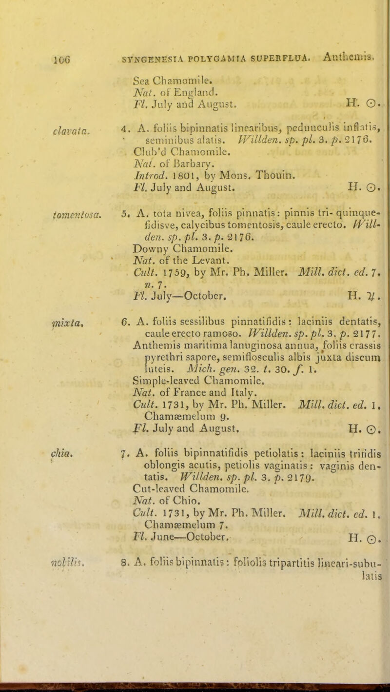 Sea Chamomile. Nat. of England. P/. July an5 August. H. ©• clavaia. 4. A. foliis bipinnalis lincaribus, pedunculis infl:ifis, scniinibus alatis. IVillden. sp. pi. 3. p. 217G. Cluh'd Cbaniomile. Nal. oF Barbary. Introd, 1801, by Mons. Thouin. FL, July and August. H. 0« iomcyilosa. mixta* chia. 5. A. tola nivea, foliis p'lnnatis: pinnis tn-quinque- fidisve, calycibus tomentosis, caule erecto. fVill den. sp. pi. 3. p. 21 76. Downy Chamomile. Nat. of the Levant. Cult. 1759, by Mr. Ph. Miller. Mill. diet. cd. 7* 71. 7. FL July—October. H. 7/. 6. A. foliis sessillbus pinnatifidis: laciniis dentatis, caule erecto ramoso. IVillden, sp. pi. 3. p. 2177. Anthemis maritima lanuginosa annua, foliis crassis pyrcthri sapore, semiflosculis albis juxla discum luteis. Mich. gen. 32, t. 30. f. 1. Simple-leaved Chamomile. Nat. of France and Italy. Cult. 1731, by Mr. Ph.'Miller. Mill. diet. ed. I. Chamaemelum 9. Jpl. July and August. H. O. 7. A. foliis bipinnatifidis petiolatis: laciniis triridis oblongis acutis, petiolis vaginalis : vaginis den* tatis. Willden. sp. pi. 3. p. 2179. Cut-leaved Chamomile. Nat. of Chio. Cvlt. 1731, by Mr. Ph. Miller. Mill. diet. ed. 1. Chamaemelum 7. Fl. innt—October. H. ©. noliVn, 8. A. foliisbipinnalis: foliolis tripartilis lincari-subu- hlis