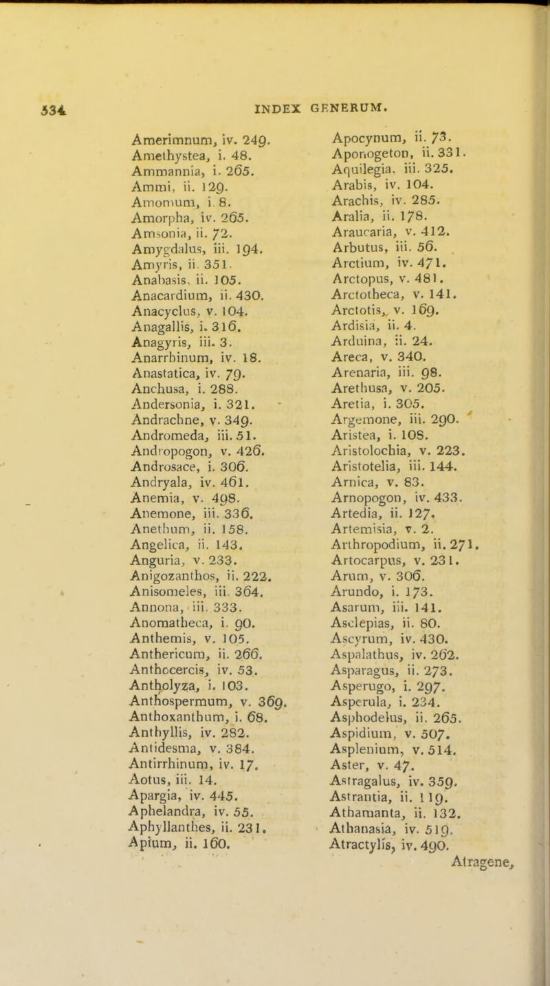 Amerimnum, iv. 249. Amethystea, i. 48. Ammannia, i. 265. Amrai, ii. 129. Amomum, i 8. Amorpha, iv. 265, AmsoniH, ii. 72. Amygdalus, iii. 194. Amyris, ii 351 Anabasis, ii. 105. Anacardiuin, li. 430. Anacyclus, v. 104. Anagallis, i. 3l6. Anagyris, iii. 3. Anarrbinum, iv. 18. Anastatica, iv. 79. Anchu.sa, i. 288. Andersonia, i. 321. Andrachne, v. 349. Andromeda, iii. 51. Andropogon, v. 426. Andrusace, i. 306. Andryala, iv. 46l. Anemia, v. 498. Anemone, iii. 336. Anetluim, ii. 158. Angelica, ii. 143. Angaria, v. 233. Anigozanthos, ii. 222. Anisomeles, iii. 364. Annona, iii. 333. Anomatheca, i. 90. Anthemis, v. 105. Anthericura, ii. 266. Anthocercis, iv, 53. Antholyza, i. 103. Antnospermum, v. 36g. Anthoxanthiim, i. 68. Anthyllis, iv. 282. Antidesma, v. 384. Antirrhinum, iv. I7. Aotus, iii. 14. Apargia, iv, 445. Aphelandra, iv. 55, Aphyllantiies, ii. 231. Aptum^ ii. 160. Apocynum, ii. 7^. Apor.ogeton, ii, 331, Aquilegia. iii. 325. Arabis, iv. 104. Arachis, iv. 285. Aralia, ii. 178, Araucaria, v. 412. Arbutus, iii. 56. Arctium, iv. 471. Arctopus, v. 481. Arctotheca, v. 141. Arctotis, v. 169. Ardisia, ii. 4. Arduina, ii. 24. Areca, v. 340. Arenaria, iii. 98. Aretliusa, v, 205. Aretia, i. 305. Argemone, iii. 29O. Aristea, i. 108. Aristolochia, v. 223. Arlstotelia, iii. 144. Arnica, v. 83. Arnopogon, iv, 433. Artedia, ii. 127, Artemisia, v. 2, Aniiropodium, ii. 27I. Artocarpus, v. 23 1. Arum, v. 306, Arundo, i, 173. Asarum, iii. 141. Asclepias, ii. 80, Ascyrum, iv. 430. Aspalathus, iv. 262. Asparagus, ii. 273. Asperugo, i, 297. Aspcrula, i. 234. As|)hodelus, ii. 265, Aspidium, v. 507. Asplenium, v. 514. Aster, V. 47. Astragalus, iv. 359. Astrantia, ii. 119. Athamanta, ii. 132. Athanasia, iv. 519. Atractylis, iv. 496. Alragene,