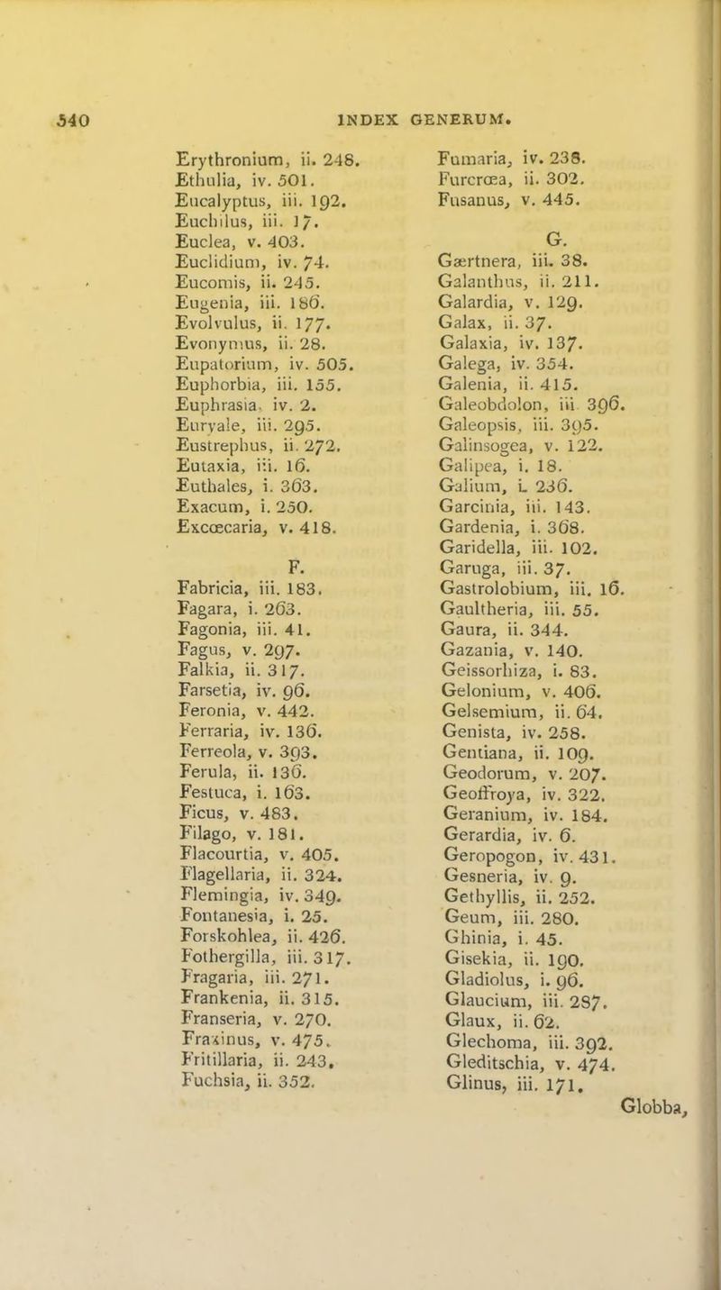 Erythronium, ii. 248. Ethulia, iv. 501. Eucalyptus, iii. 192. Euchilus, iii. ]/. Euclea, V. 403. Euclidian), iv. 74. Eucomis, ii. 245, Eugenia, iii. 18t). Evolvulus, ii. 177. Evonyii'.us, ii. 28. Eupatorium, iv. 505. Euphorbia, iii. 155. Euphrasia- iv. 2. Euryale, iii. 295. Eustreplius, ii. 272. Eutaxia, iii. 16. Euthales, i. 363. Exacum, i. 250. Excoecaria, v. 418. F. Fabricia, iii. 183. Fagara, i. 203. Fagonia, iii. 41. Fagus, V. 297. Falkia, ii. 317. Farsetia, iv. 96. Feronia, v. 442. Ferraria, iv. 136. Ferreola, v. 393. Ferula, ii. 13(5. Fesiuca, i. 163. Ficus, V. 483. Filago, V. 181. Flacourtia, v. 405. Flagellaria, ii. 324. Flemingia, iv. 349. Fontanesia, i. 25. Forskohlea, ii. 426. Fothergilla, iii. 317. Fragaria, iii. 271. Frankenia, ii. 315. Franseria, v. 270. Fraxinus, v. 475. Fritillaria, ii. 243, Fuchsia, ii. 352, Fumaria, iv. 238. FurcrcEa, ii. 302, Fusanus, v. 445. G, Gaertnera, iii. 38. Galanthn.s, ii. 211. Galardia, v. 129. Galax, ii. 37. Galaxia, iv. 137. Galega, iv. 354. Galenia, ii. 415. Galeobdolon, iii 396. Galeopsis, iii. 395. Galinsogea, v. 122. Galipea, i. 18. Galium, L 236. Garciiiia, iii. 143. Gardenia, i. 368. Garidella, iii. 102. Garuga, iii. 37, Gastrolobium, iii. 16. Gaultheria, iii. 55. Gaura, ii. 344. Gazania, v. 140, Geissorhiza, i. 83. Gelonium, v, 406. Gelsemium, ii. 64. Genista, iv. 258. Geniiana, ii, 109. Geodorum, v. 207. Geoftroya, iv. 322. Geranium, iv. 184. Gerardia, iv. 6. Geropogon, iv. 431, Gesneria, iv. 9, Gethyllis, ii, 252. Geum, iii. 280. Ghinia, i. 45, Gisekia, ii. I90. Gladiolus, i. 96. Glaucium, iii. 287. Glaux, ii. 62. Glechoma, iii. 392. Gleditschia, v. 474. Glinus, iii. 171. Globba,