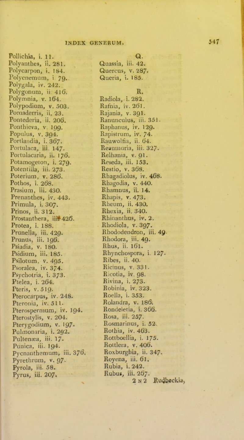 PoUichk, i. 11- Polyaiuhes, ii. 281. Polycarpon, i. 184. Polycnemum, i 79. Polygala, iv. 242. Polygonum, ii 416. Polymnia, v. l64. Poly podium, v. 503. Poniaderris, ii. 23. Pontedeiia, ii. 206. Ponthieva, v. I99. Populus, V. 394, Portlandia, i. 367. Poitulaca, iii 147. Portulacaria, ii. 176. Potamogeton, i. 279. Potentilla, iii. 273. Poterium, v. 286. Pothos, i. 268. Prasium, iii. 430. Prenanthes, iv. 443. Primula, i. 307. Prinos, ii. 312. Prostanthera, iii?426. Protea, i. 188. Prunella, iii. 429. Prunus, iii. 196. Psiadia, v. 180. Psidium, iii. 185. Psilotum. V. 495. Psoralea, iv. 3/4. Psycholria, i. 373. Ptelea, i. 264. Pteris, V.519. Pterccarpus, iv. 248. Pteronia, iv. 511- Pterospermum, iv. 194. Pterostylis, v. 204. Pterygodium, v. 197. Pulmonaria, i. 292. PuUenaea, iii. 17- Punica, iii. 194. Pycnanthemum, iii. 37o. Pyrethrum, v. 97. Pyrola, iii. 58. Pyrus, iii. 207. Q. Quassia, iii. 42. Quercus, v. 287. Queria, i. 185. R. Radiola, i. 282. Rafnia, iv. 2t)l. Rajania, v. 391- Ranunculus, iii. 351. Raphanus, iv. 129. Rapistrum, iv. 74. Rauwoltia, ii. 0'4. Reaunmria, iii. 327. Relhania, v. 9I. Reseda, iii. 153. Restio, v. 368. Rhagadiolus, iv. 468. Rhagodia, v. 440. Rhamnus, ii. 14. Rhapis, r. 473. Rheum, ii. 430. Rhexia, ii. 340. Rhinanthus, iv. 2. Rhodiola, v. 397. Rhododendron, iii. 49- Rhodora, iii. 49. Rhus, ii. 161. Rhynchospora, i. 127- Ribes, ii. 40. Ricinus, v. 331. Ricotia, iv. 98. Rivina, i. 273. Robinia, iv. 323. Roella, i. 353. Rolandra, v. 186. Rondeletia, i. 366. Rosa, iii. 257- Rosmarinus, i. 52. Rothia, iv. 463. Rotlboellia, i. 175. Roitlera, v. 406. Roxburghia, ii. 347. Royena, iii. 61. Rubia, i. 242. Rubus, iii. 2S7. 2 N 2 Rutjbeckia,