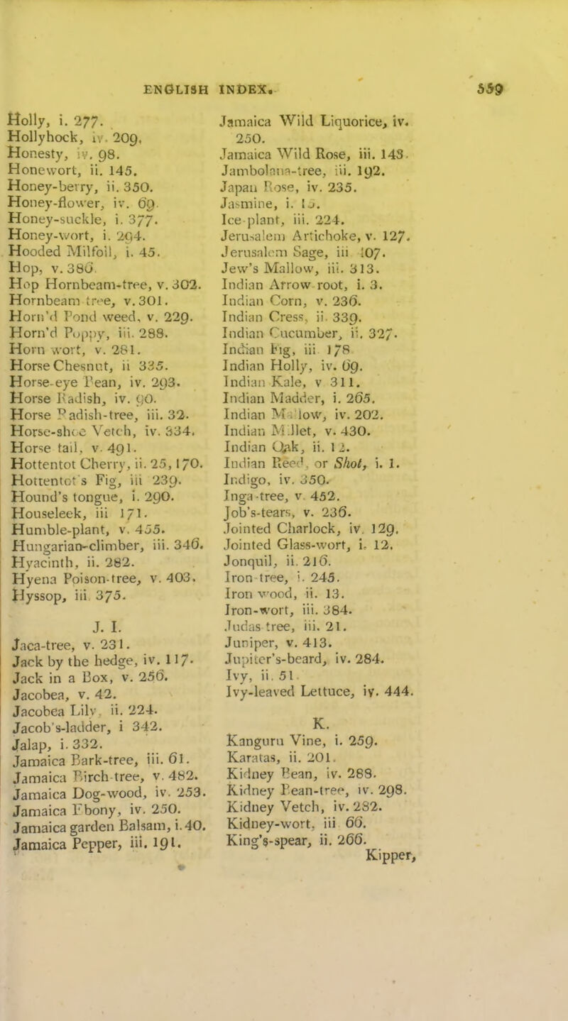 Holly, i. 277. Hollyhock, iv. 209. Honesty, iv. 98. Honewort, ii. 145. Honey-berry, ii. 350. Honey-flower, iv. dp. Honey-suckle, i. 377. Honey-wort, i. 20,4. Hooded ^rlilfoil, i. 45. Hop, v.38d. Hop Hornbeam-tree, v. 302. Hornbeam ;re, v. 301. Horn'd Pond weed, v. 229. Horn'd Poppy, iii. 288. Horn wort, v. 281. Horse Chesnnt, ii 335. Horse-eye rean, iv. 293. Horse Radish, iv. gO. Horse Padish-tree, iii. 32. Horse-sh( e Vetch, iv. 334. Hor'^e tall, v. 491. Hottentot Cherry, ii. 25,170. Hottentot s Fig, in 239. Hound's tongue, i. 29O. Houseleek, iii 171- Humble-plant, v. 455. Hungarian-climber, iii. 346. Hyacinth, ii. 282. Hyena Poison-tree, v. 403. Hyssop, iii 375. J. I. Jaca-tree, v. 231. Jack by the hedge, iv. 117- Jack in a Box, v. 256. Jacobea, v. 42. Jacobea Lilv ii. 224. Jacob s-ladder, i 342. Jalap, i.332. Jamaica Pjark-tree, iii. 61. Jamaica Birch-tree, v. 482. Jamaica Dog-wood, iv. 253. Jamaica Fbony, iv. 250. Jamaica garden Balsam, i.40. Jamaica Pepper, iii. 191. Jamaica Wild Liquorice, iv. 250. Jamaica Wild Rose, iii. 143. Jambolom-tree, iii. I92. Japan Rose, iv. 235. Jasmine, i. t.^. Ice j)lant, iii. 224. Jerusalem Artichoke, v. 127- Jerusalem Sage, iii 507. Jew's Mallow, iii. 313. Indian Arrow root, i. 3. Indian Corn, v. 236. Indian Cress, ii. 339. Indian Cucumber, ii, 32/' Indian Fig, iii 178 Indian Holly, iv. 69. Indian Kale, v 311. Indian Madder, i. 265. Indian M . low, iv. 202. Indian MJlet, v. 430. Indian 0;\k, ii. 12. Indian Ree-'. -or Shot, i. 1. Indigo, iv. 350. Inga tree, v 452. Job's-tearf;, v. 236. .Tointed Charlock, iv. 129. Jointed Glass-wort, u 12. Jonquil, ii. 2J6. Iron tree, '. 243. Iron v'ood, ii. 13. Iron-wort, iii. 384. Judas tree, iii. 21. Juniper, v. 413. Jupiter's-beard, iv. 284. Ivv, ii, 51 Ivy-leaved Lettuce, iy. 444. K. Kanguru Vine, i. 259. Karatas, ii. 201. Kidney Bean, iv. 288. Kidney Pean-trec, iv. 298. Kidney Vetch, iv. 232. Kidney-wort, iii 66. King'5-spear, ii. 266. Kipper,
