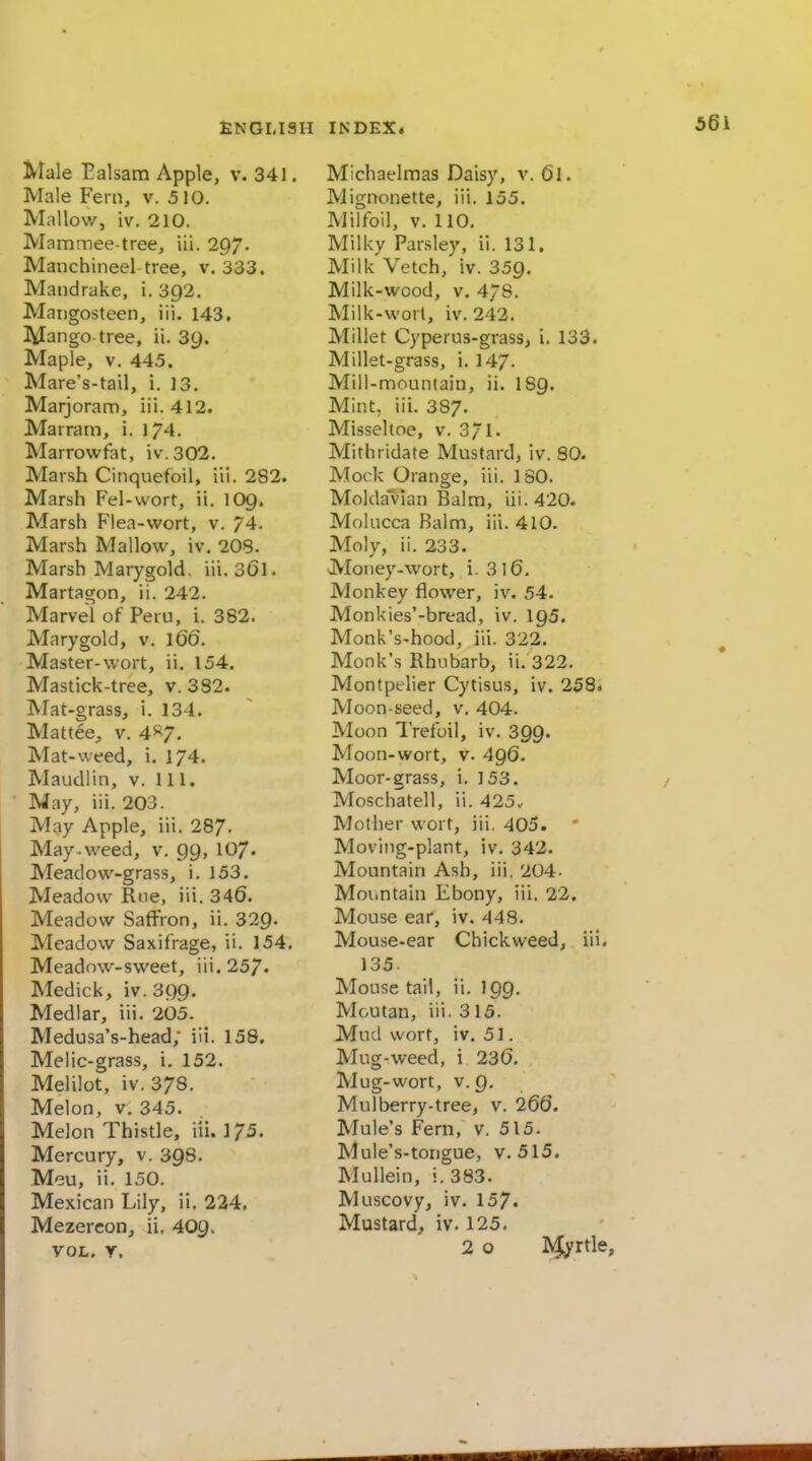 Male Ealsam Apple, v. 341, Male Fern, v. 510. Mallow, iv. 210. Mammee-tree, iii. 297. Manchineel tree, v. 333. Mandrake, i. 392. Maiigosteen, iii. 143. Mango tree, ii. 39. Maple, V. 445. Mare's-tail, i. 13. Marjoram, iii. 412. Marram, i. 174. Marrowfat, iv. 302. Marsh Cinquefoil, iii. 282. Marsh Fel-wort, ii. IO9. Marsh Flea-wort, v. 74. Marsh Mallow, iv. 208. Marsh Marygold. iii. 36l. Martagon, ii. 242. Marvel of Peru, i. 382, Marygold, v. 166. Master-wort, ii, 154. Mastick-tree, v. 382. jNIat-grass, i. 134. Mattee, v. 4R7. Mat-weed, i. 174. Maudlin, v. 111. May, iii. 203. May Apple, iii. 287, May-weed, v. 99, 10/. Meadow-grass, i. 153. Meadow Rue, iii. 346. Meadow Saffron, ii. 329. Meadow Saxifrage, ii. 154. Meadow-sweet, iii. 257. Medick, iv. 399. Medlar, iii, 205. Medusa's-head; iii. 158. Meiic-grass, i. 152, Melilot, iv. 378. Melon, V. 345. Melon Thistle, iii. 175. Mercury, v. 398, Meu, ii. 150. Mexican Lily, ii. 224. Mezercon, ii, 409. VOL. Y. Michaelmas Daisy, v. 61. Mignonette, iii. 155. Milfoil, V. 110, Milky Parsley, ii. 131. Milk Vetch, iv. 359. Milk-wood, V, 47s. Milk-worl, iv. 242. Millet Cyperus-grass, i. 133. Millet-grass, i, 147. Mill-mountain, ii. I89. Mint, iii. 387. Misseltoe, v. 371. Mithridate Mustard, iv. SO. Mock Orange, iii. 180. Moldavian Balm, iii. 420. Molucca Balm, iii. 410. Moly, ii. 233. Money-wort, i. 3l6, Monkey flower, iv. 54. Monkies'-bread, iv. 195. Monk's-hood, iii, 322, Monk's Rhubarb, ii, 322. Montpelier Cytisus, iv. 258» Moon-seed, v, 404. Moon Trefoil, iv. 399. Moon-wort, v. 496. Moor-grass, i. 153. Moschatell, ii. 425. Mother wort, iii. 405. * Moving-plant, iv. 342. Mountain Ash, iii. 204- Moi.ntain Ebony, iii. 22. Mouse ear, iv. 448. Mouse-ear Chickweed, iii. 135. Mouse tail, ii. I99. Moutan, iii. 315. Mud wort, iv. 51. Mug-weed, i 23(5. Mug-wort, V.9. Mulberry-tree, v. 260. Mule's Fern, v. 515. Mule's-tongue, v. 515. Mullein, i.383. Muscovy, iv, 157. Mustard, iv, 125. 2 o ^yvth,