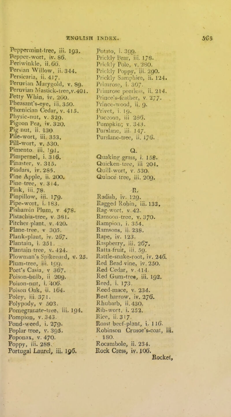 Peppermint-tree, iil. 193. Pepper-wort, iv. 86. Periwinkle, ii.Gd. Persian Willow, ii.344. Persicaria, ii. 417. Peruvian Marygokl, v. 89. Peruvian AiasLick-tree,v.4Gl. Petty Whin, iv. 20O. Pheasant's-eye, iii. 350. PhcEnician Cedar, v. 41J. Physic-nut, v. 32g. Pigeon Pea, iv. 320. Pig nut, ii. 130 Pile-wort, iii. 353. Pill-wort, V. 530. Pimento, iii. igi. Pimpernel, i. 316. Pinaster, v. 315. Pindars, iv. 285. Pine Apple, ii. 200. Pine tree, v. 314. Pink, iii. 78. Pinpillow, iil. 179. Pipe-wort, i. 183. Pishamin Plum, v 4/8, Pistachia-tree, v. 381. Pitcher plant, v. 420. Plane-tree, v 305. Plank-plant, iv. 267. Plantain, i. 251. Plantain tree, v. 424. Plownjan's Spikenaid, v. 25. Plum-tree, iii. Poet's Casia, v 367. Poison-bulb, ii 2G9. Poison-nut, i. 406. I'oison Oak, ii. l64. Poley, iii. 3/1. Polypody, v 503. Pomegranate-tree, iii. 194, Pompion, v. 343. Pond-weed, i, 279. Poplar tree, v. 395. Poponax, V. 47O. Poppy, iii. 288. Portugal LaureJ^ iii. ig6. Potato, i. 399. Prickly I'ear, iii. 1/8. Prii:k!y Pole, v. 2S0. Prickly Poppy, iii. 29O. Prickly Samphi-re, ii. 124. Primrose, i. 30/. Primrose peerless, ii. 214. Prince's-fcather, v. 277. Prince-wood, ii. 9. Privet, i. 19. PiKooon, iii 286. Pumpkin v. 343. Purslane, iii. 147. Purslane-tree, ii. 1/6- Q. Quakinp^ grass, i. 158. Quicken-tree, iii 201. Quiil-wort, V. 530. Quince tree, iii. 209. R, Radish, iv. 129. Ragged Robin, iii. 133, Rag-wort, v.42. Ramooii-tree, v. 37O. Rampion, i. 354. Ramsons, ii. 238. Rape, iv. 123. R.nspberry, iii. 267. Ratta fruit, iii. 59. Rattle-snake-root, iv, 246. Red Bead vine, iv. 250. Red Cedar, v. 414. Red Gum-tre«, iii, I92. Reed, i. 173. Reed-mace, v. 234. Rest harrow, iv. 276. Rhubarb, ii.430. Rib-wort, i. 252. Rice, ii. 317. Roast beef-plant, i, 1 I6. Robinson Crusoe's-coat, iU. 180. Rocambole, ii. 234. Rock Cress^ iv. 106. Rocket,