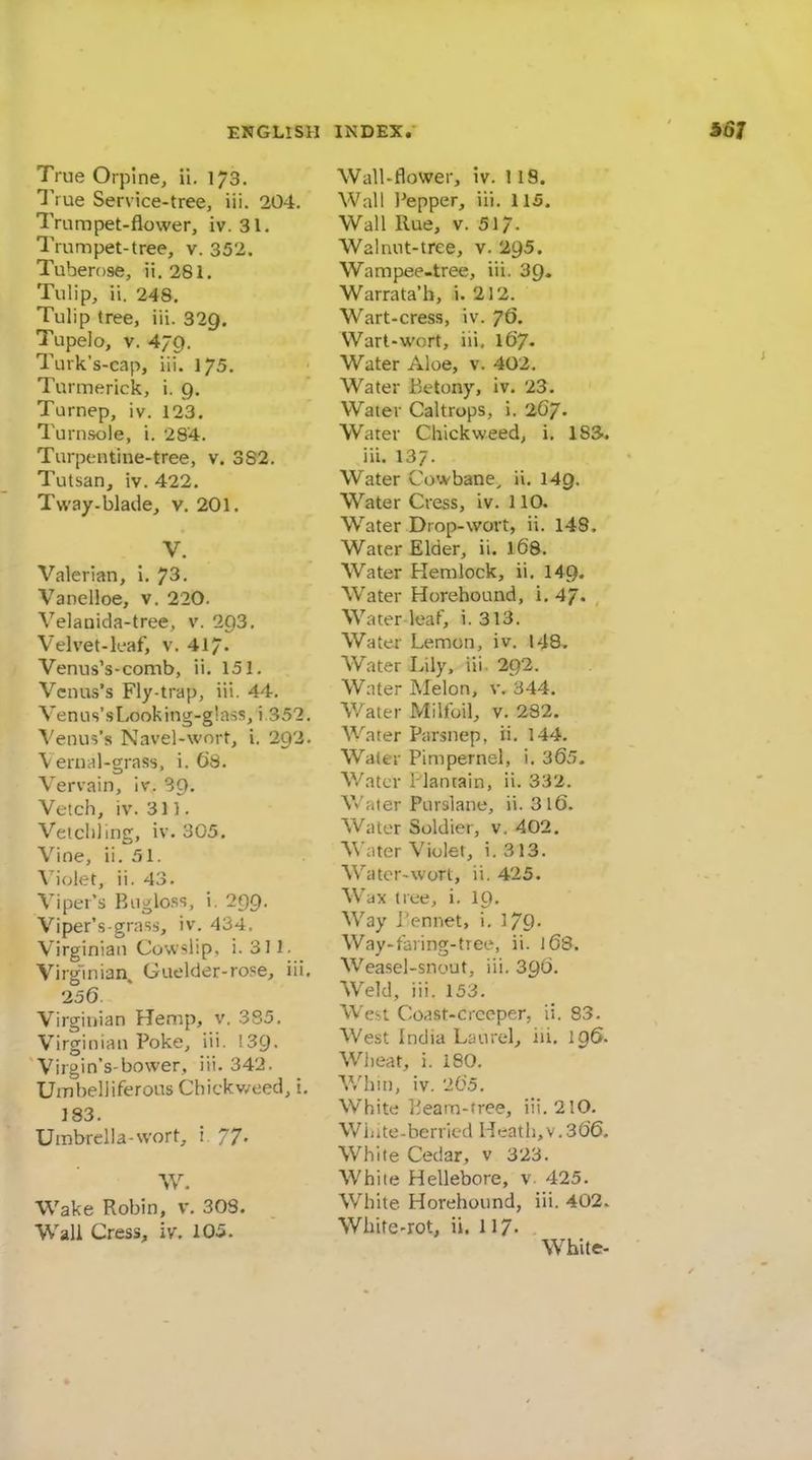 True Orpine, ii. 173. True Service-tree, ill. 204. Trumpet-flower, iv. 31. Trumpet-tree, v. 352. Tuberose, ii. 281. Tulip, ii. 248. Tulip tree, iii. 329. Tupelo, V. 479. Turk's-cap, iii. 175. Turmerick, i. 9. Turnep, iv. 123. Turnsole, i. 284. Turpentine-tree, v. 382. Tutsan, iv. 422. Tway-blade, v. 201. V. Valerian, 1. 73. Vanelloe, v. 220. Velanida-tree, v. 203. Velvet-leaf, v. 417. Venus's-comb, ii. 151. Vcnus's Fly-trap, iii. 44. Venus'sLooking-glass, i.352. Venus's Navel-wort, i. 293. Vernal-grass, i. 08. Vervain, iv. 90. Vetch, iv. 311. Vetcliling, iv. 305. Vine, ii. 51. Violet, ii. 43. Viper's Bugloss, i. 299. Viper's grnss, iv. 434. Virginian Cowslip, i. 311. Virginian. Guelder-rose, iii. 256. Virginian Hemp, v. 385. Virginian Poke, iii. !39, Virgin's-bower, iii. 342. Umbelliferous Chickv/eed, i. 183. Umbrella-wort, i. 77. W. Wake Robin, v. 308. Wall Cress, iv. 105. Wall-flower, iv. 119. Wall J'epper, iii. US. Wall Rue, v. 517- Walnut-tree, v. 295. Wampee-tree, iii. 39. Warrata'b, i. 212. Wart-cress, iv. 76. Wart-wort, iii, 167. Water Aloe, v. 402. Water Betony, iv. 23. Water Caltrops, i. 2C7. Water Chick weed, i. 183. iii. 137. Water Cowbane^ ii. 149. Water Cress, iv. 110. Water Drop-wort, ii. 148. Water Elder, ii. 168. Water Hemlock, ii, 149. Water Horehound, i, 47. Water leaf, i. 313. Water Lemon, iv. 148, Water Lily, iii. 292. Water Melon, v. 344. V/ater Milfoil, v. 282. Water Parsnep, ii. 144. Water Pimpernel, i. 365. Water Plantain, ii. 332. Water Purslane, ii. 3l6. Water Soldier, v. 402. Water Violet, i. 313. Water-wort, ii. 425. Wax tree, i. 10. Way i'ennet, i. 179- Way-faring-tree, ii. 168. Weasel-snout, iii. 396. Weld, iii. 153. West Coast-creeper, ii. 83. West India Liiurel, iii, 196. Wheat, i. 180. V/hin, iv. 265. White lieam-tree, iii. 210. Wiute-berried Heath,v.366. White Cedar, v 323. White Hellebore, v. 425. White Horehound, iii. 402. White-rot, ii. 117- White-
