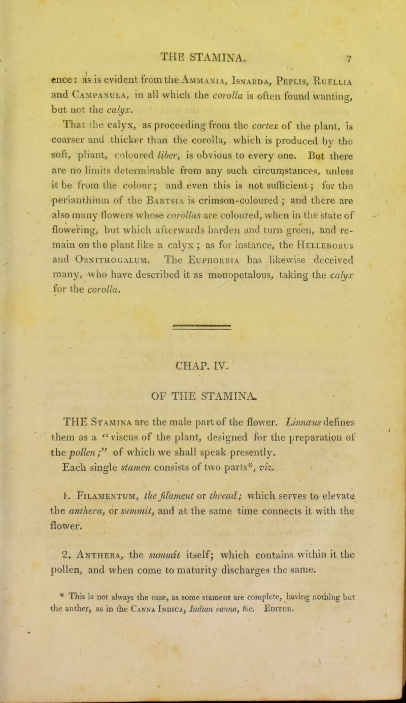 ence: as is evident from the Ammani a, Isnarda, Peplis, Ruellia and Campanula, in all which the corolla is often found wanting, but not the calj/x. That die calyx, as proceeding from the cortex of the plant, is coarser and thicker than the corolla, which is produced by the soft, pliant, coloured liber, is obvious to every one. But there are no limits determinable from any such circumstances, unless it be from the colour; and even this is not sufficient; for the perianthium of the Bartsia is crimson-coloured ; and there are also many dowers whose corollas are coloured, when in the state of flowering, but which afterwards harden and turn green, and re- main on the plant like a calyx ; as for instance, the Helleborus and Ornithogalum. The Euphorbia has likewise deceived many, who have described it as monopetalous, taking the calyx for the corolla. CHAP. IV. OF THE STAMINA, THE Stamina are the male part of the flower. Linnaus defines them as a  viscus of the plant, designed for the preparation of the pollen ; of which we shall speak presently. Each single stamen consists of two parts*, viz. 1. Filamentum, the filament or thread; which serves to elevate the anthera, or summit, and at the same time connects it with the flower. 2. Anthera, the summit itself; which contains within it the pollen, and when come to maturity discharges the same. * This is not always the case, as some stamens are complete, having nothing but the anther, as in the Canna Indica, Indian caruw, ike. Editor.