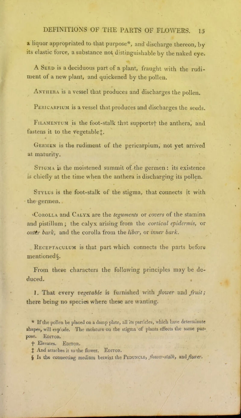 * liquor appropriated to that purpose*, and discharge thereon, by- its elastic force, a substance not distinguishable by the naked eye. A Seed is a deciduous part of a plant, fraught with the rudi- ment of a new plant, and quickened by the pollen. Anthera is a vessel that produces and discharges the pollen. Pericarpium is a vessel that produces and discharges the seeds. Filamentum is the foot-stalk that supportsf the anthera, and fastens it to the vegetable^. Germ en is the rudiment of the pericarpium, not yet arrived at maturity. Stigma is the moistened summit of the germen : its existence is chiefly at the time when the anthera is discharging its pollen. Stylus is the foot-stalk of the stigma, that connects it with the germen. Corolla and Calyx are the teguments or covers of the stamina and pistillum; the calyx arising from the cortical epidermis, or outer bark, and the corolla from the liber, or inner bark. Receptaculum is that part which connects the parts before mentioned §. From these characters the following principles may be de- duced. • I. That every vegetable is furnished with jloiver and fruit; there being no species where these are wanting. * If the pollen be placeJ on a damp plate, all its panicles, which have determinate shapes, will op'ode. The moisture ou the stigma of plants effects the same pur- pose. Editor. ■f Elevates. Editor. X And attaches it to the flower. Editor. § Is thfe connecting medium betwixt the Peduncle, Jloicer-stalk, m&jloiver.