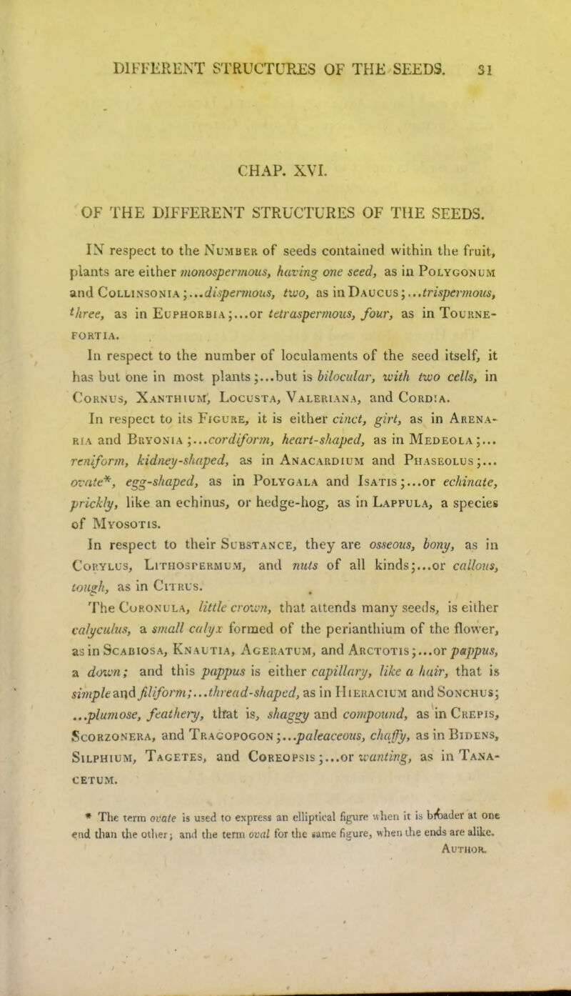 CHAP. XVI. OF THE DIFFERENT STRUCTURES OF THE SEEDS. IN' respect to the Number of seeds contained within the fruit, plants are either monospermous, having one seed, as in Polygonum and Collinsonia ;...dispermous, two, as inHwcvs...trispcrmotis, three, as in Euphorbiaor tetraspermous, four, as inTouRNE- FORT1A. In respect to the number of loculaments of the seed itself, it has but one in most plantsbut is biloculav, with two cells, in Cornus, Xanthium, Locusta, Valeriana, and Cord:a. In respect to its Figure, it is either cinct, girt, as in Arena- ria and Bryonia ;...cordiform, heart-shaped, as in Medeola;... reniform, kidney-shaped, as in Anacardium and Phaseolus ovate*, egg-shaped, as in Polygala and IsATis;...or echinate, prickly, like an echinus, or hedge-hog', as in Lappula, a species of Myosotis. In respect to their Substance, they are osseous, botiy, as in Corylus, LiTiiosr-ERMUM, and nuts of all kinds;...or callous, tough, as in Citrus. The Curonula, little crown, that attends many seeds, is either caivculus, a small calyx formed of the perianthium of the flower, as in Scabiosa, Knautia, Ageratum, and ArtcTOTis;...or pappus, a down; and this pappus is either capillary, like a hair, that is simple and filiform;...thread-shaped, as in IIieracium and Sonchus; ...plumose, feathery, that is, shaggy and compound, as in Crepis, Scorzonera, and Tracopogon paleaceous, chafy, as in Bidens, Silphium, Tagetes, and Coreopsis or zvanting, as in Tana- cetum. * The term ovate is U3ed to express an elliptical figure when it is blfcader at one end than the other; and the term oval for the same figure, when the ends are alike. Author.