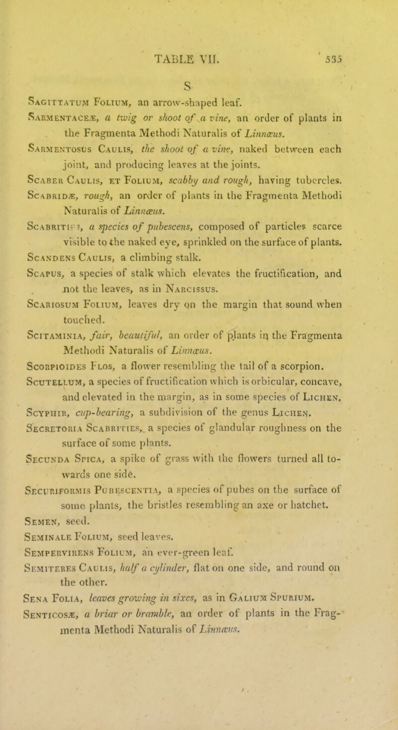 s Sagittatum Folium, an arrow-shaped leaf. Sarmentaceje, a tivig or shoot of a vine, an order of plants in the Fragmenta Methodi Naturalis of Linncrus. Sarmentosus Caulis, the shoot of a tint', naked between each joint, and producing leaves at the joints. Scaber Caulis, et Folium, scabby and rough, having tubercles. Scabridje, rough, an order of plants in the Fragmenta Methodi Naturalis of Linnceus. Scabrit!; -, a s])ccies of pubescens, composed of particle$ scarce visible to the naked eye, sprinkled on the surface of plants. Scandens Caulis, a climbing stalk. Scapus, a species of stalk which elevates the fructification, and not the leaves, as in Narcissus. Scariosum Folium, leaves dry on the margin that sound when touched. Scitaminia, fair, beautiful, an order of plants iq the Fragmenta Methodi Naturalis of Linnccus. Scorpioides I-los, a flower resembling the tail of a scorpion. Scutellum, a species of fructification which is orbicular, concave, and elevated in the margin, as in some species of Lichen, ScYPHIR, cup-bearing, a subdivision of the genus Lichen. Secretoria Scabrities, a species of glandular roughness on the surface of some plants. Secunda SriCA, a spike of grass with the flowers turned all to- wards one side. Secup.ifor.mis Pubescentia, a species of pubes on the surface of some plants, the bristles resembling an axe or hatchet. Semen, seed. Seminale Folium, seed leaves. Sempervirens Folium, an ever-green leaf. Semiteres Caulis, half a cylinder, flat on one side, and round on the other. Sena Folia, leaves growing in sixes, as in Galium Spumum. Senticosje, a briar or bramble, an order of plants in the Frag- menta Methodi Naturalis of Lbsrueus.