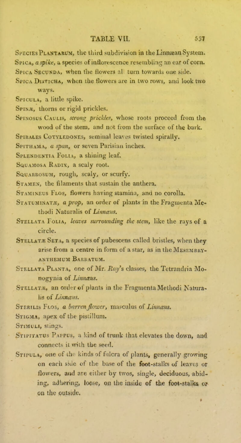 SpeciesPlantarum, the third subdivision in the Linnaean System. Spica, a spike, a species of inflorescence resembling an ear of corn. Spica Secunda, when the flowers al turn towards one side. Spica Duticha, when the flowers are in two rows, and look two ways. Spicula, a little spike. Spina, thorns or rigid prickles. Spinosus Caulis, stron* prickles, whose roots proceed from the wood of the stem, and not from the surface of the bark. Spirales Cotyledones, seminal lea-.vs twisted spirally. Spithama, a spun, or seven Parisian inches. Splendentia Folia, a shining leaf. Squamosa Radix, a scaly root. Squarrosum, rough, scaly, or scurfy. Stamen, the filaments that sustain the anthera. Stamineus Flos, flowers having stamina, and no corolla. Statuminat.e, a prop, an order of plants in the Fragtnenta Me- thodi Naturalis of Linnaus. Stellata Folia, leaves surrounding the stem, like the rays of a circle. Stellate Seta, a species of pubescens called bristles, when they arise from a centre in form of a star, as in the Mesembuy- anthem um Barbatum. Stellata Plant a, one of Mr. Ray's classes, the Tetrandria Mo- nogynia of Linnaus. Stellata, an order of plants in the Fragtnenta Methodi Natura- lis of Linnaus. Sterilis Flos, a barren jleivcr, masculus of Linnaus. Stigma, apex of the pistillum. Stimuli, stings. Stipitatus Pappus, a kind of trunk that elevates the down, and connects it with the seed. Stii'ula, one of the kinds of fulcra of plants, generally growing on each side of the base of the foot-stalks of leaves or flowers, and are either by twos, single, deciduous, abid- ing, adhering, loote, on the inside of the foot-stalks or on the outside.