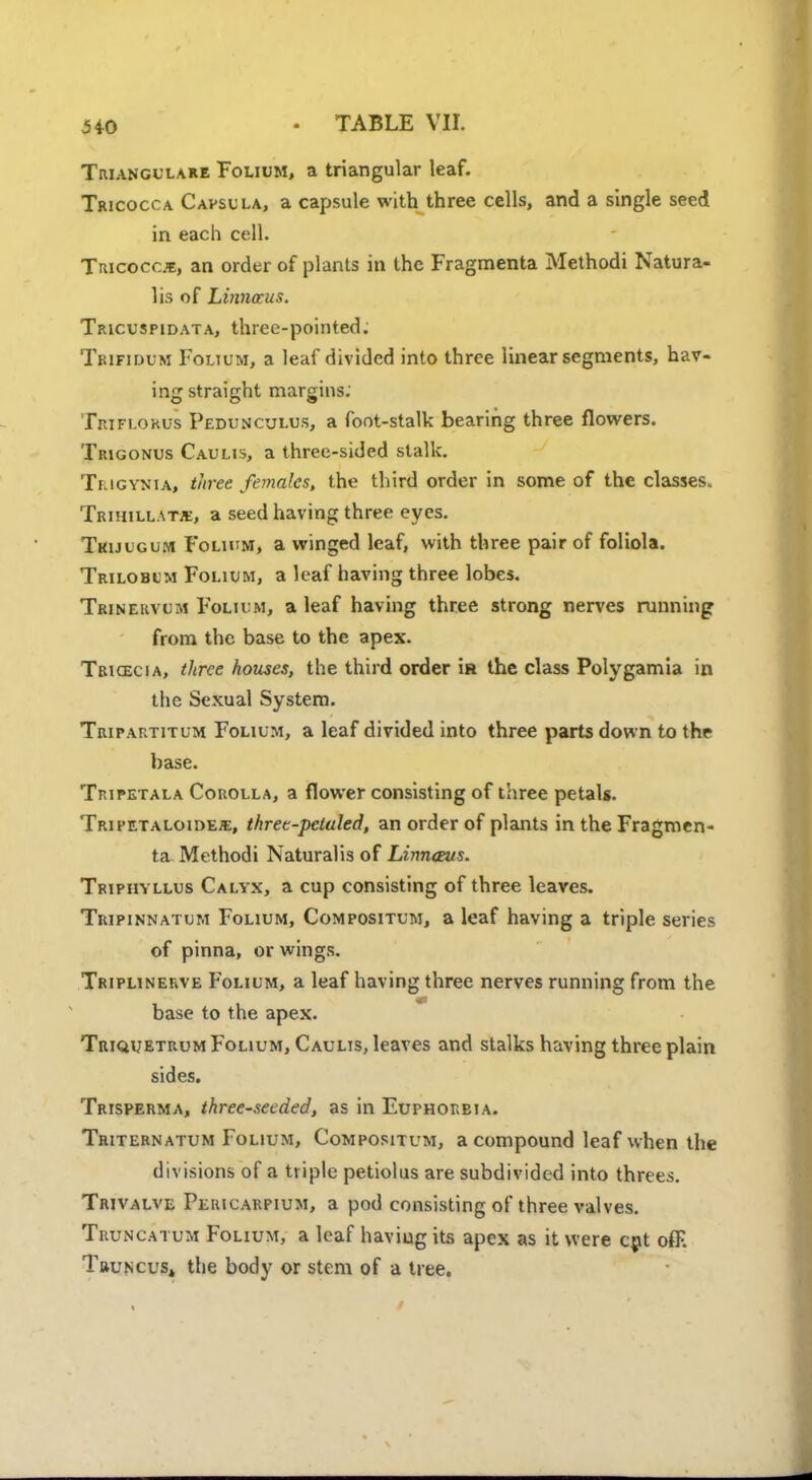 5iO • TABLE VII. Triangulare Folium, a triangular leaf. Tricocca Capsula, a capsule with three cells, and a single seed in each cell. Thicocc.c, an order of plants in the Fragmenta Methodi Natura- lis of Limiccus. Tricuspidata, three-pointed. Tbifidum Folium, a leaf divided into three linear segments, hav- ing straight margins: TeifloeUs Pedunculus, a foot-stalk bearing three flowers. TniGONUs Caulis, a three-sided stalk. Tkigynia, three females, the third order in some of the classes. Trihtllatje, a seed having three eyes. Tkuigum Folium, a winged leaf, with three pair of foliola. Triloblm Folium, a leaf having three lobes. Trinekvum Folium, a leaf having three strong nerves running from the base to the apex. Tricecia, three houses, the third order m the class Polygamia in the Sexual System. Tripartitum Folium, a leaf divided into three parts down to the base. Tripetala Corolla, a flower consisting of three petals. Tripetaloides:, threc-pctaled, an order of plants in the Fragmen- ta Methodi Naturalis of Linnctus. Triphyllus Calyx, a cup consisting of three leaves. Tripinnatum Folium, Compositum, a leaf having a triple series of pinna, or wings. Triplinekve Folium, a leaf having three nerves running from the base to the apex. Triquetrum Folium, Caulis, leaves and stalks having three plain sides. Trisperma, three-seeded, as in Euphorbia. Triternatum Folium, Compositum, a compound leaf when the divisions of a triple petiolus are subdivided into threes. Trivalve Pericarpium, a pod consisting of three valves. Truncatum Folium, a leaf haviug its apex as it were cnt ofF. Thuncus,, the body or stem of a tree.