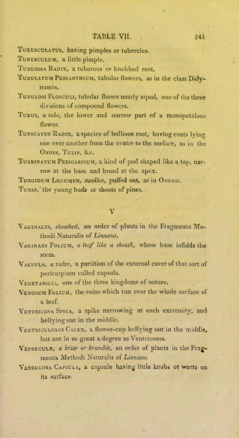 Tuberculatum, having pimples or tubercles. Tuberculum, a little pimple. Tuberosa Radix, a tuberous or knobbed root. Tubulatum Perianthium, tubular flowers, as in the class Didy- namia. Tubulosi Flosculi, tubular florets nearly equal, one of the three divisions of compound flowers. Tubus, a tube, the lower and narrow part of a monopetalous flower. Tunic vtus Radix, a species of bulbous root, having coats lying one over another from the centre to the surface, as in the Onion, Tulip, &c. Turbinatum Pericarimum, a kind of pod shaped like a top, nar- row at the base and broad at the apex. Turgidum Legumen, swollen, puffed out, as in Ononis. Tu rio, the young buds or shoots of pines. V Vaginales, sheathed, an order of plants in the Fragmenta Me- thodi Naturalis of Liniuzus. VaCinans Folium, a leaf like a sheath, whose base infolds the stem. Valvula, a valve, a partition of the external cover of that sort of pericarpium called capsula. Vegetabilia, one of the three kingdoms of nature. Venosum Folium, the veins which run over the whole surface of a leaf. Ventricosa Spica, a spike narrowing at each extremity, and bellying out in the middle. VentriculosuS Calyx, a flower-cup bellying out in the middle,, but not in so great a degree as Ventricosus. Veprecul£, a briar or bramble, an order of plants in the Frag- menta Methodi Naturalis of Linna-us. Verrucosa Capsula, a capsule having little knobi or warts oo its surface.