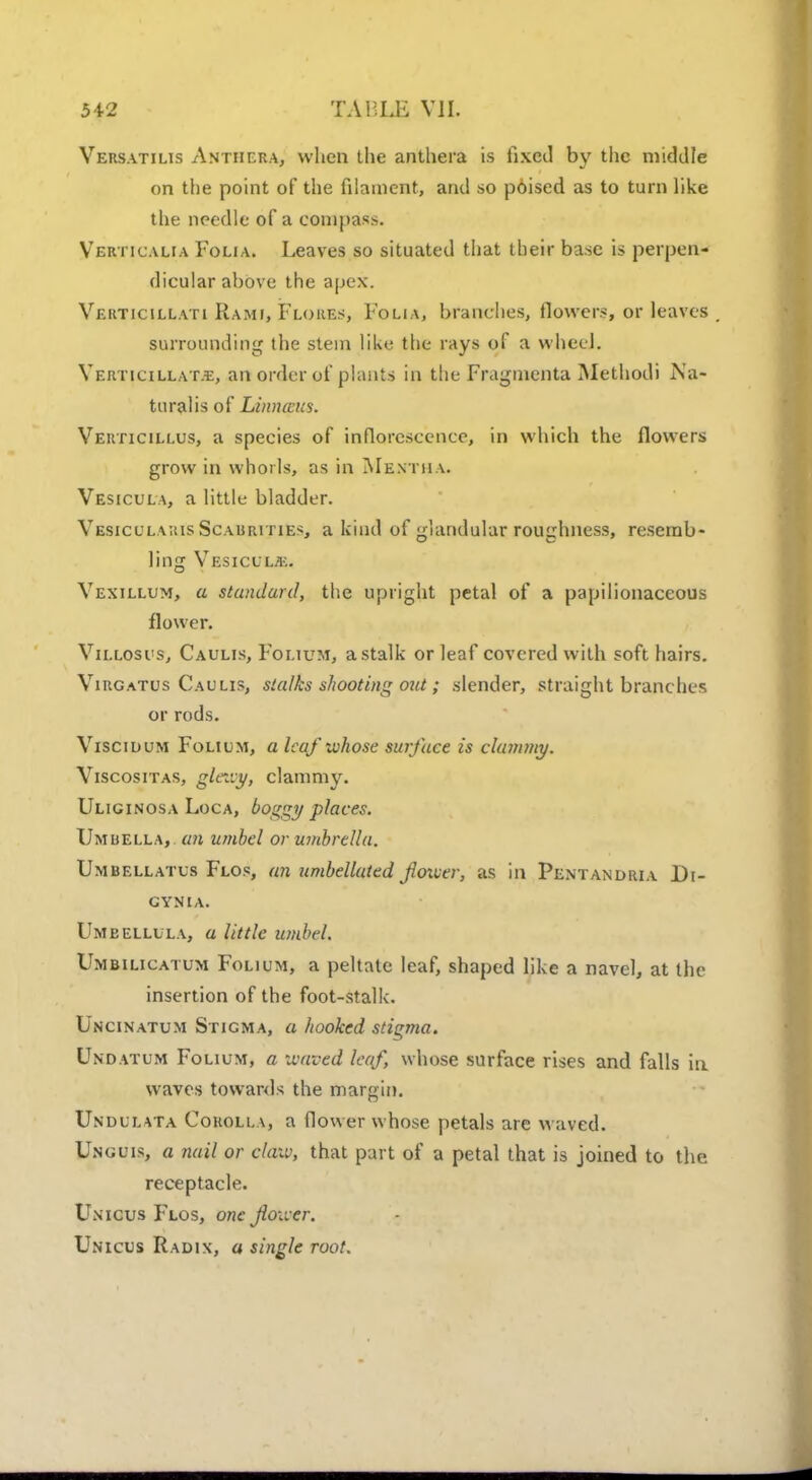 Versatilis Anthera, when the anthera is fixed by the middle on the point of the filament, and so poised as to turn like the needle of a compass. Verticalia Folia. Leaves so situated that their base is perpen- dicular above the apex. Verticillati Rami, Flob.es, Folia, branches, flowers, or leaves . surrounding the stein like the rays of a wheel. Verticillat.e, an order of plants in the Fraginenta Methodi Na- turalis of Linnccia. Veiutcillus, a species of inflorescence, in which the flowers grow in whorls, as in Mentha. Vesicula, a little bladder. Vesiculous Scaurities, a kind of glandular roughness, resemb- ling Vesicula:. Vexillum, a standard, the upright petal of a papilionaceous flower. Vii.losus, Caulis, Folium, a stalk or leaf covered with soft hairs. Virgatus Caulis, stalks shooting out; slender, straight branches or rods. Viscidum Folium, a leaf whose surface is clammy. Viscositas, gleziy, clammy. Uliginosa Loca, boggy places. Umuella, an umbel or umbrella. Um bellatus Flos, an umbellated Jioxver, as in Pentandria Di- GYNIA. Umeellula, a little umbel. Umbilicatum Folium, a peltate leaf, shaped like a navel, at the insertion of the foot-stalk. Uncinatum Stigma, a hooked stigma. Undatum Folium, a wooed leaf, whose surface rises and falls in waves towards the margin. Undulata Corolla, a flower whose petals are waved. Unguis, a nail or claw, that part of a petal that is joined to the. receptacle. Untcus Flos, one jl&tvcr. Unicus Radix, a single root.