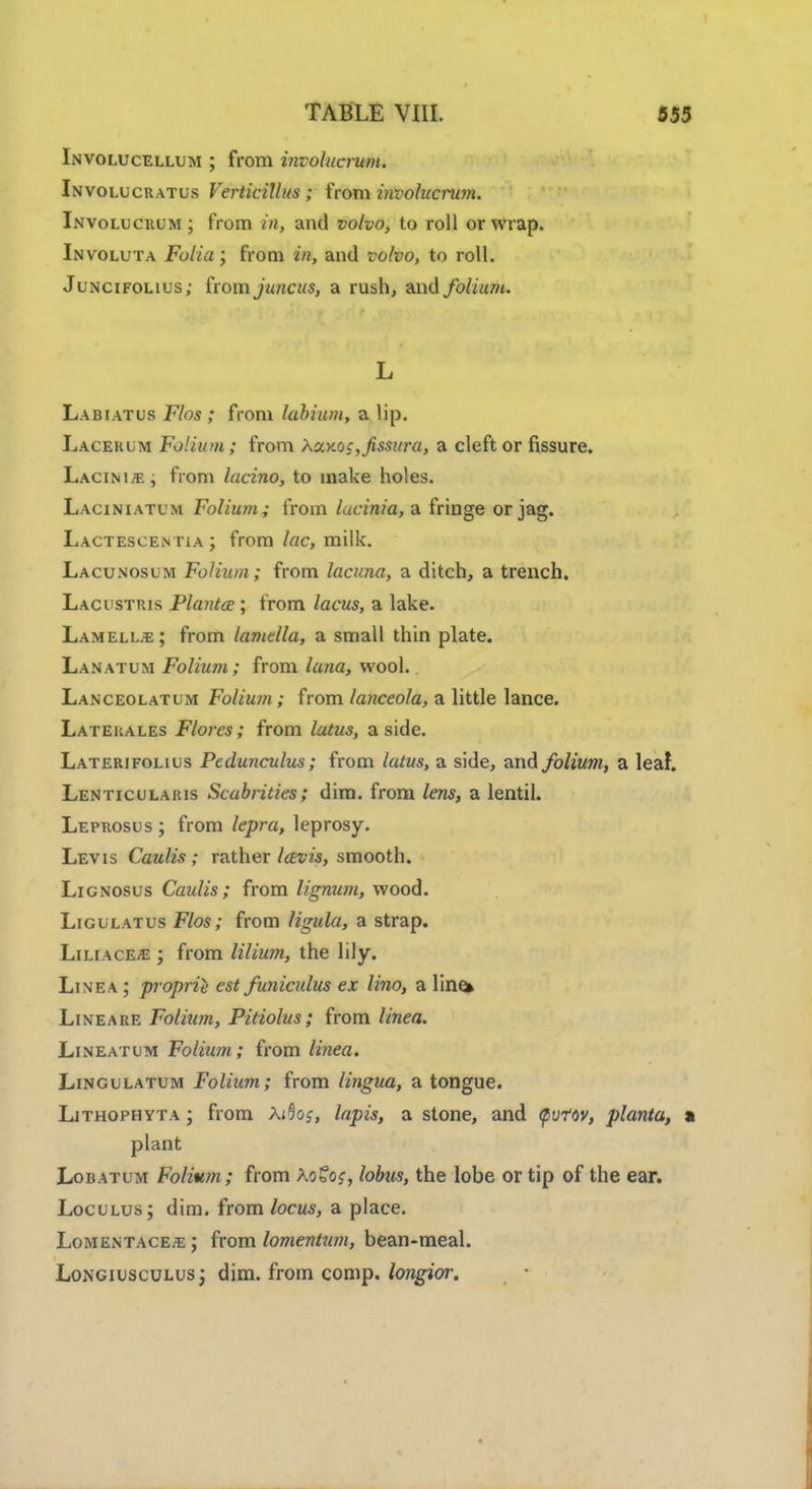 Involucellum ; from involucrum. Involucratus Verticillus ; from involucrum. Involucrum; from in, and volvo, to roll or wrap. Involuta Folia; from in, and volvo, to roll. Juncifolius; from juncus, a rush, and folium. L Labiatus Flos ; from labium, a Up. Lacerum Folium; from \a.xoc,jissura, a cleft or fissure. Lacim*, from latino, to make holes. Laciniatum Folium; from lucinia, a fringe or jag. Lactescen riA ; from lac, milk. Lacunosum Folium; from lacuna, a ditch, a trench. Lacusttus Plantai; from /acws, a lake. Lamell.e; from lamella, a small thin plate. Lanatum Folium; from /««a, wool. Lanceolatum Folium ; from lanceola, a little lance. Lateuales Flores; from /atas, aside. Laterifolius Pedunculus; from /a/ws, a side, and folium, a leaf. Lenticulaius Scabrities; dim. from tews, a lentil. Leprosus ; from lepra, leprosy. Levis Caulis; rather lav is, smooth. Lignosus Caulis; from lignum, wood. Ligulatus Flos; from ligula, a strap. LiliacEjE ; from lilium, the lily. Line a ; proprie est funiculus ex lino, a line* Lineare Folium, Pitiolus; from linea. Lineatum Folium; from linea. Lingulatum Folium; from lingua, a tongue. Ljthophyta ; from \tfo;, lapis, a stone, and fvtw, planta, a plant Lobatum Folium; from Ao£oc, lobus, the lobe or tip of the ear. Loculus; dim. from locus, a place. Lomentace.e ; from lomentum, bean-meal. Longiusculus j dim. from comp. longior.