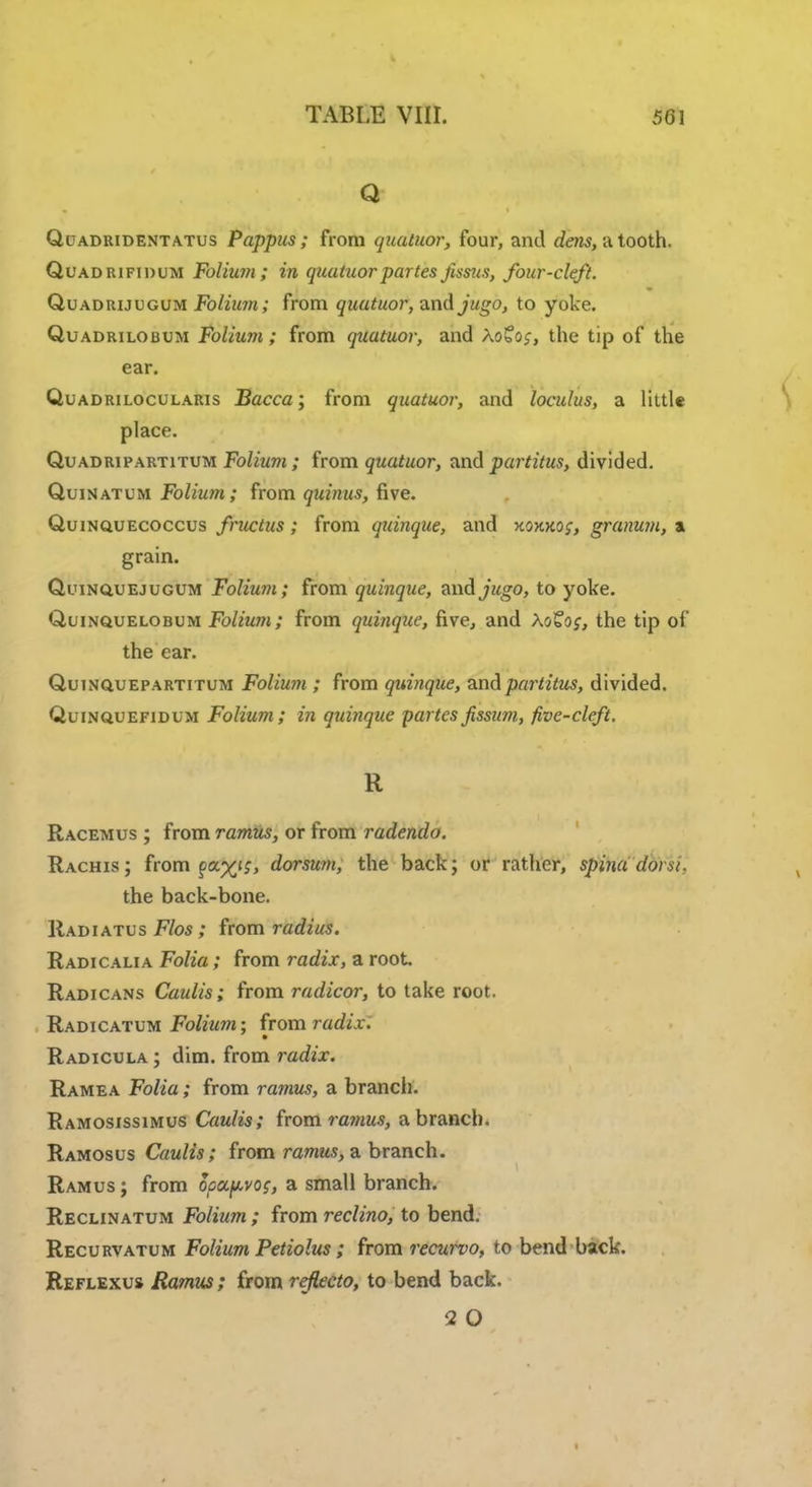 Q Quadridentatus Pappus ; from qualuor, four, and dens, a tooth. Ql'adrifidum Folium; in quutuor partesjissus, four-cleft. Q.UADRUUGUM Folium; from quutuor, and jugo, to yoke. Quadrilobum Folium; from quutuor, and Aofo;, the tip of the ear. Quadrilocularis Bucca; from quatuor, and loculus, a little place. Quadripartitum Folium; from quutuor, and purtitus, divided. Quinatum Folium; from quinus, five. Quinquecoccus fructus; from quinque, and kokko;, granum, a grain. Quinquejugum Foliwn; from quinque, and jugo, to yoke. Quinquelobum Folium; from quinque, five, and \o%o$, the tip of the ear. Quinquepartitum Foliu?u ; from quinque, and purtitus, divided. Quinquefidum Folium ; in quiyique purtcs fissum, five-cleft. R Racemus ; from rumus, or from rudendo. Rachis; from pa%ij, dorsum, the back; or rather, spina doiu. the back-bone. Radiatus F/os ; from radius. Radicalia Foliu; from radix, a root Radicans Caulis; from radicor, to take root. Radicatum Folium; from rad«\r. Radicula ; dim. from rarf/x. Ramea Fo/ia; from rumus, a branch. Ramosissimus Cuulis; from ra?nus, a branch. Ramosus Caulis; from ramus, a branch. Ramus ; from opcc^vog, a small branch. Reclinatum Folium ; from reclino, to bend. Recurvatum Folium Petiolus; from recurvo, to bend back. Reflexus Ramus; from reflecto, to bend back.