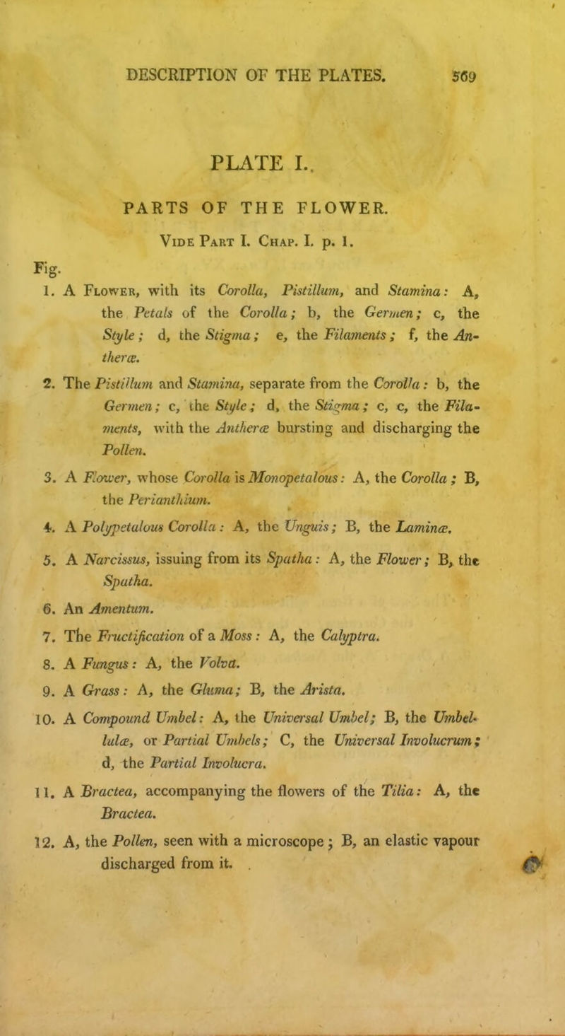 PLATE I. PARTS OF THE FLOWER. Vide Part I. Chap. I. p. 1. Fig. 1. A Flower, with its Corolla, Pistillum, and Stamina: A, the Petals of the Corolla; b, the Germen; c, the Style; d, the Stigma; e, the Filaments ; i, the An- therce. 2. The Pistillum and Stajnina, separate from the CoroVa: b, the Germen; c, the Stifle; d, the Stigma; c, c, the Fila- ments, with the Anthercz bursting and discharging the Pollen. 3. A Rower, whose Corolla is Monopetalous: A, the Corolla; B, the Pcrianthium. 4. A Polypetulow Corolla: A, the Unguis; B, the Lamina:. 5. A Narcissus, issuing from its Spatha: A, the Flower; B, the Sputha. 6. An Amentum. 7. The Fructification of a Moss: A, the Calyptra. 8. A Fungus: A, the Voha. 9. A Grass: A, the Gluma; B, the Arista. 10. A Compound Umbel: A, the Universal Umbel; B, the UmbtU lulce, or Partial Umbels; C, the Universal Involucrum; A, the Partial Involucra. 11. A Bractea, accompanying the flowers of the Xi&'a: A, the 12. A, the Pollen, seen with a microscope j B, an elastic vapour discharged from it. .