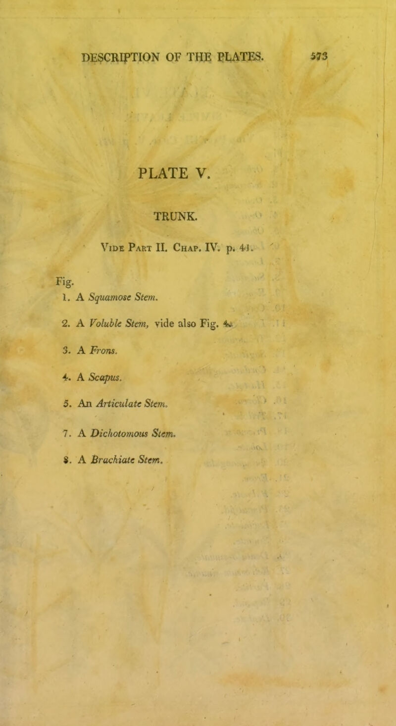 PLATE V. TRUNK. Vide Part II. Chap. IV. p. 4J. Fig. 1. A Squamose Stem. 2. A Voluble Stem, vide also Fig. 4«* 3. A Frons. 4. A Scopus. 5. An Articulate Stem, 7. A Dichotomous Stem. ». A Brachiate Stem.