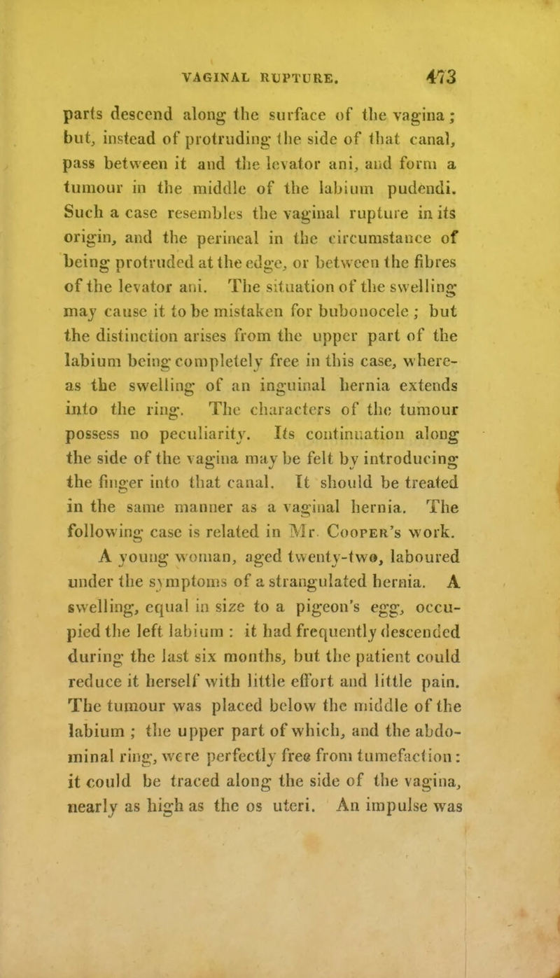 parts descend along the surface of the vagina; but, instead of protruding the side of that cana], pass between it and the hnator ani, and form a tumour in the middle of the labium pudendi. Such a case resembles the vaginal rupture in its origm, and the perineal in the circumstance of being protruded at the edge, or between the fibres of the levator ani. The situation of the swelling may cause it to be mistaken for bubonocele ; but the distinction arises from the upper part of the labium being completely free in this case, w here- as the swelling of an inguinal hernia extends into the ring. The characters of the tumour possess no peculiarity. Its continuation along the side of the vagina may be felt by introducing the finger into that canal. It should be treated in the same manner as a vaginal hernia. The following case is related in Mr. Cooper's work, A young woman, aged twenty-two, laboured under the symptoms of a strangulated hernia. A swelling, equal in size to a pigeon's egg, occu- pied the left labium : it had frequently descended during the last six months, but the patient could reduce it herself with little effort and little pain. The tumour was placed below the middle of the labium ; the upper part of which, and the abdo- minal ring, were perfectly free from tumefaction: it could be traced along the side of the vagina, nearly as high as the os uteri. An impulse was