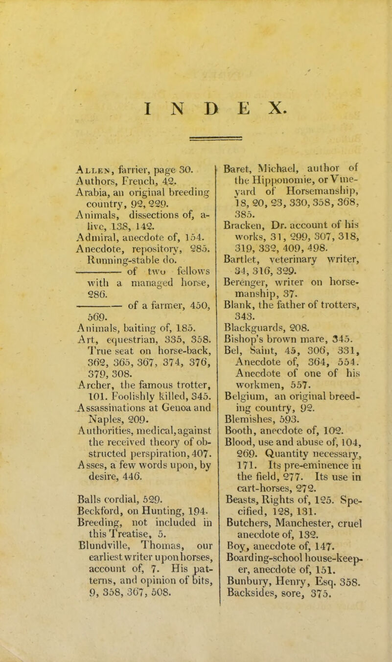 INDEX. Allen, farrier, page 30. Authors, French, 42. Arabia, an original breeding country, 92, 229. Animals, dissections of, a- livc, 13S, 142. Admiral, anecdote of, 154. Anecdote, re]r)Ository, 285. Running-stable do. of two fellows with a managed horse, 28(3. of a farmer, 450, 5G9. Animals, baiting of, 185. Art, equestrian, 335, 358. True seat on horse-back, 3f)2, 305, 367, 374, 376, 379, 308. Archer, the famous trotter, 101. Foohshly killed, 345. Assassinations at Genoa and Naples, 209. Authorities, medical,against the received theory of ob- structed perspiration, 407. Asses, a few words upon, by desire, 446. Balls cordial, 529. Beckford, on Hunting, 194. Breeding, not included in this Treatise, 5. Blundville, Thomas, our earliest writer upon horses, account of, 7- His pat- terns, and opinion of bits, 9, 358, 367, 508. Baret, Michael, author of tl)e Hippononiie, or Vme- vard of Horsemanship, 18, 20, 23, 330, 358, 368, 385. Bracken, Dr. account of his works, 31, 299, 307, 318, 319, 332, 409, 498. Bartlet, veterinary writer, 34, 316, 329. Berenger, writer on horse- manship, 37. Blank, the father of trotters, 343. Blackguards, 208. Bishop's brown mare, 345. Bel, Saint, 45, 306, 331, Anecdote of, 364, 554. Anecdote of one of his workmen, 557. Belgium, an original breed- ing country, 92. Blemishes, 593. Booth, anecdote of, 102. Blood, use and abuse of, 104, 269. Quantity necessary, 171. Its pre-eminence in the field, 277. Its use in cart-horses, 272. Beasts, Rights of, 125. Spe- cified, 128, 131. Butchers, Manchester, cruel anecdote of, 132. Boy, anecdote of, 147. Boarding-school house-keep- er, anecdote of, 151. Bunbury, Henry, Esq. 358. Backsides, sore, 375.