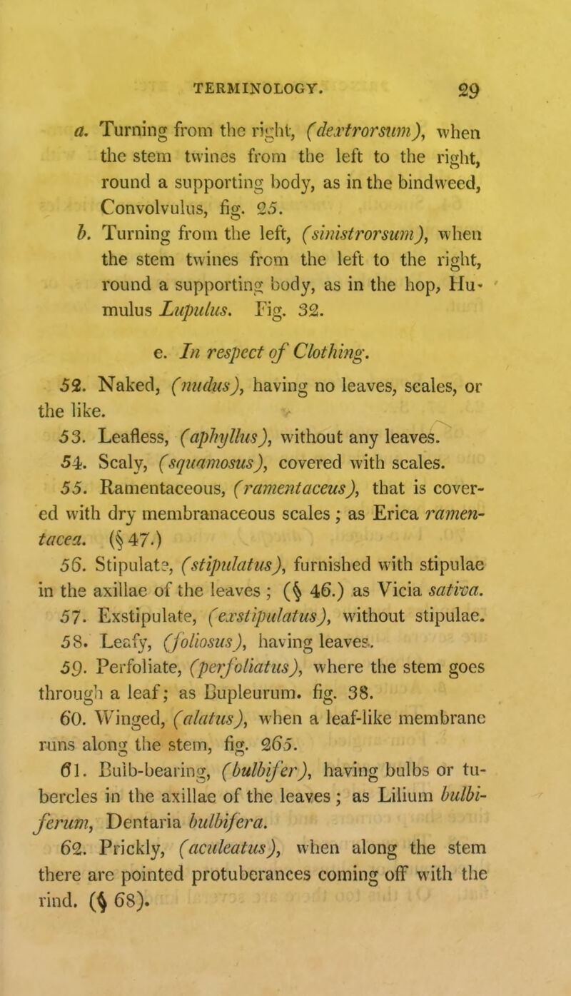 a. Turning from the ri«;hi', (de.vfrorsum), when the stem twines from the left to the right, round a supporting body, as in the bindweed. Convolvulus, fio;. 25. b. Turning from the left, (sinistrorsum), when the stem twines from the left to the right, round a supporting body, as in the hop, Hu' mulus Lupulus. JFig. 32. e. In respect of Clothing. 52. Naked, (midus)^ having no leaves, scales, or the like. 53. Leafless, without any leaves. 54. Scaly, (squamosus), covered with scales. 55. Ramentaceous, (ramentaceus), that is cover- ed with dry membranaceous scales ; as Erica ramen- tacea. (§47-) 56. Stipulat?, (stipiilatus), furnished with stipulae in the axillae of the leaves ; 46.) as Vicia sativa. 57. Exstipulate, (exstlpulatus), without stipulae. 58. Leafy, (joliosus), having leaves.. 59- Perfoliate, (perfoliatiis), where the stem goes through a leaf; as Dupleurum. fig. 38. 60. Winged, (ahituswhen a leaf-like membrane runs along; the stem, 265. G\. Bulb-bearing, (bulbi/er), having bulbs or tu- bercles in the axillae of the leaves ; as Lilium bulbi- Jerum, Dentaria bulbifera. 62. Prickly, (aculeatusJ, when along the stem there are pointed protuberances coming off with the rind. (^68).