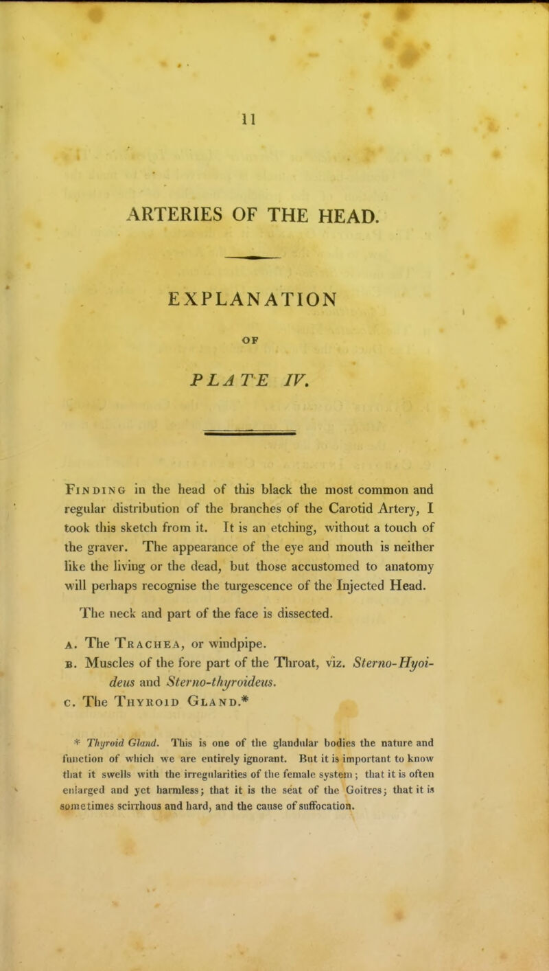 ARTERIES OF THE HEAD. EXPLANATION OF PLATE IF, Finding in the head of this black the most common and regular distribution of the branches of the Carotid Artery, I took this sketch from it. It is an etching, without a touch of the graver. The appearance of the eye and mouth is neither like the Uving or the dead, but those accustomed to anatomy M'ill perhaps recognise the turgescence of the Injected Head. The neck and part of the face is dissected. A. The Trachea, or windpipe. B. Muscles of the fore part of the Tliroat, viz. Sterno-Hyoi- deus and Sterno-thyroideus. c. The Thykoid Gland.* * Thyroid Gland. Th\s is one of the glandular bodies the nature and function of which we are entirely ignorant. But it is important to know tliat it swells with the irregularities of the female system ; that it is often enlarged and yet haimless; that it is the seat of the Goitres j that it is sometimes scirrhous and hard, and the cause of suffocation.