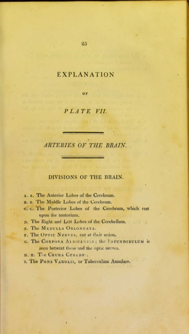 EXPLANATION OF PLATE VII. ARTERIES OF THE BRAIN. DIVISIONS OF THE BRAIN. A. A. The Anterior Lobes of the Cerebrum. B. B. The Middle Lobes of the Cerebrum. c. c. The Posterior Lobes of the Cerebrum, which rest upon the tentorium. D. The Right and Lett Lobes of the Cerebellum. E. The Medulla Oblongata. F. The Optic Nervf.s, cut at thtir union. G. The Corpora ALniCANT\A ; the Infundibulum is seen betwixt tlu oe and the optic nerves. H. H. Tl e Crura Cfkkbr . I. The Pons Varolii, or Tubeiculuin Annulare.