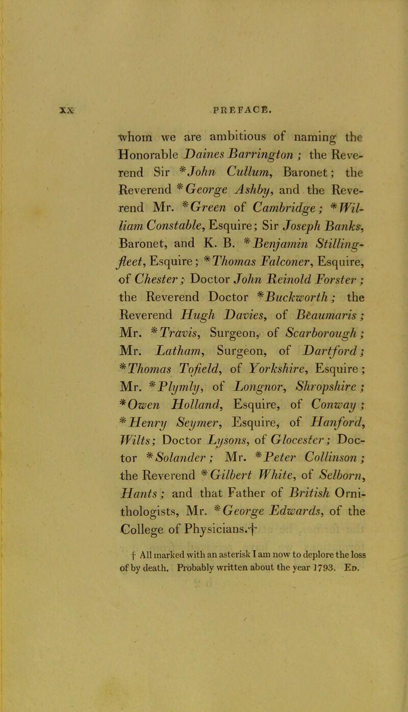 whom we are ambitious of naming the Honorable Daines Barrington ; the Reve- rend Sir *John Cullum, Baronet; the Reverend * George Ashby, and the Reve- rend Mr. * Green of Cambridge; *Wil- liam Constable, Esquire; Sir Joseph Banks, Baronet, and K. B. * Benjamin Stilling- fleet, Esquire; *Thomas Falconer, Esquire, of Chester; Doctor John Reinold Forster; the Reverend Doctor *Buckworth; the Reverend Hugh Davies, of Beaumaris ; Mr. * Travis, Surgeon, of Scarborough; Mr. Latham, Surgeon, of Dartford; * Thomas Tofield, of Yorkshire, Esquire ; Mr. *Plymly, of Longnor, Shropshire; *Owen Holland, Esquire, of Conway ; * Henry Seymer, Esquire, of Hanford, Wilts; Doctor Lysons, of Glocester; Doc- tor * Solander; Mr. * Peter Collinson; the Reverend * Gilbert White, of Selborn, Hants; and that Father of British Orni- thologists, Mr. * George Edwards, of the College of Physicians.^ f All marked with an asterisk I am now to deplore the loss of by death. Probably written about the year ] 793. Ed.