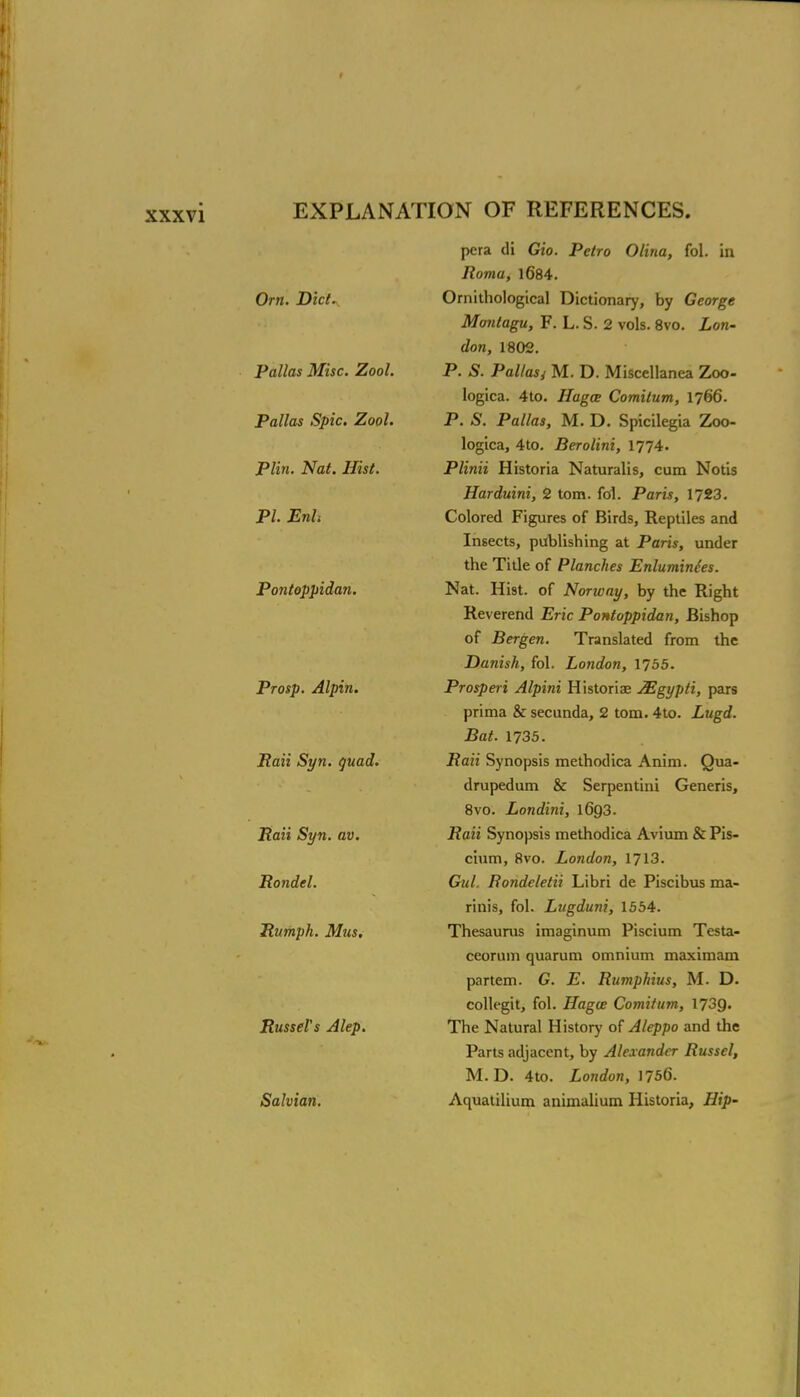 Orn. Dict^ Pallas Misc. Zool. Pallas Spic. Zool. PUn. Nat. Hist. PI. Enh Pontoppidan. Prosp. Alpin. Raii Syn. quad. Rati Syn. av. Rondel. Rumph. Mus. Russets Alep. Salvian. pera di Gio. Petro Olina, fol. in Roma, 1684. Ornithological Dictionary, by George Montagu, F. L. S. 2 vols. 8vo. Lon- don, 1802. P. S. Pallasj M. D. Miscellanea Zoo- logica. 4to. Hagce Comilum, 1766. P. S. Pallas, M. D. Spicilegia Zoo- logica, 4to. Berolini, 1774. Plinii Historia Naturalis, cum Notis Harduini, 2 torn. fol. Paris, 1723. Colored Figures of Birds, Reptiles and Insects, publishing at Paris, under the Title of Planches Enluminies. Nat. Hist, of Norway, by the Right Reverend Eric Pontoppidan, Bishop of Bergen. Translated from the Danish, fol. London, 1755. Prosperi Alpini Historiae JEgypti, pars prima & secunda, 2 torn. 4to. Lugd. Bat. 1735. Raii Synopsis methodica Anim. Qua- drupedum & Serpentini Generis, 8vo. Londini, 1693. if an Synopsis methodica Avium &Pis- cium, 8vo. London, 1713. Gul. Bondcletii Libri de Piscibus ma- rinis, fol. Lugduni, 1554. Thesaurus imaginum Piscium Testa- ceorum quarum omnium maximam partem. G. E. Rumphius, M. D. collegit, fol. Hagce Comitum, 1739- The Natural History of Aleppo and the Parts adjacent, by Alexander Russel, M. D. 4to. London, 1756. Aquatilium animalium Historia, Hip-