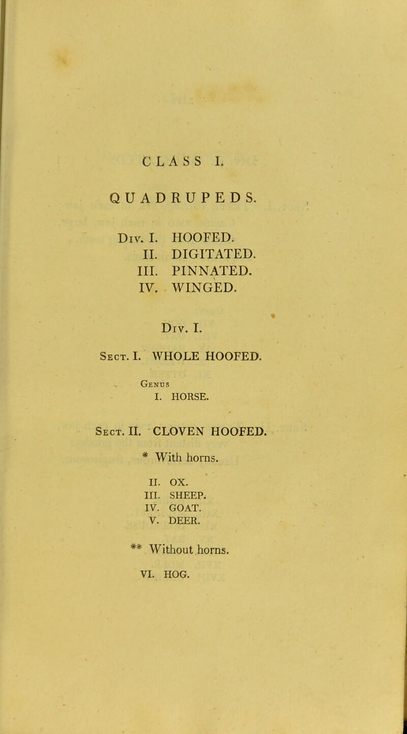 QUADRUPEDS. Div. I. HOOFED. II. DIGITATED. III. PINNATED. IV. WINGED. Div. I. Sect. I. WHOLE HOOFED. Genus I. HORSE. Sect. II. CLOVEN HOOFED. * With horns. II. OX. III. SHEEP. IV. GOAT. V. DEER. ** Without horns. VI. HOG.