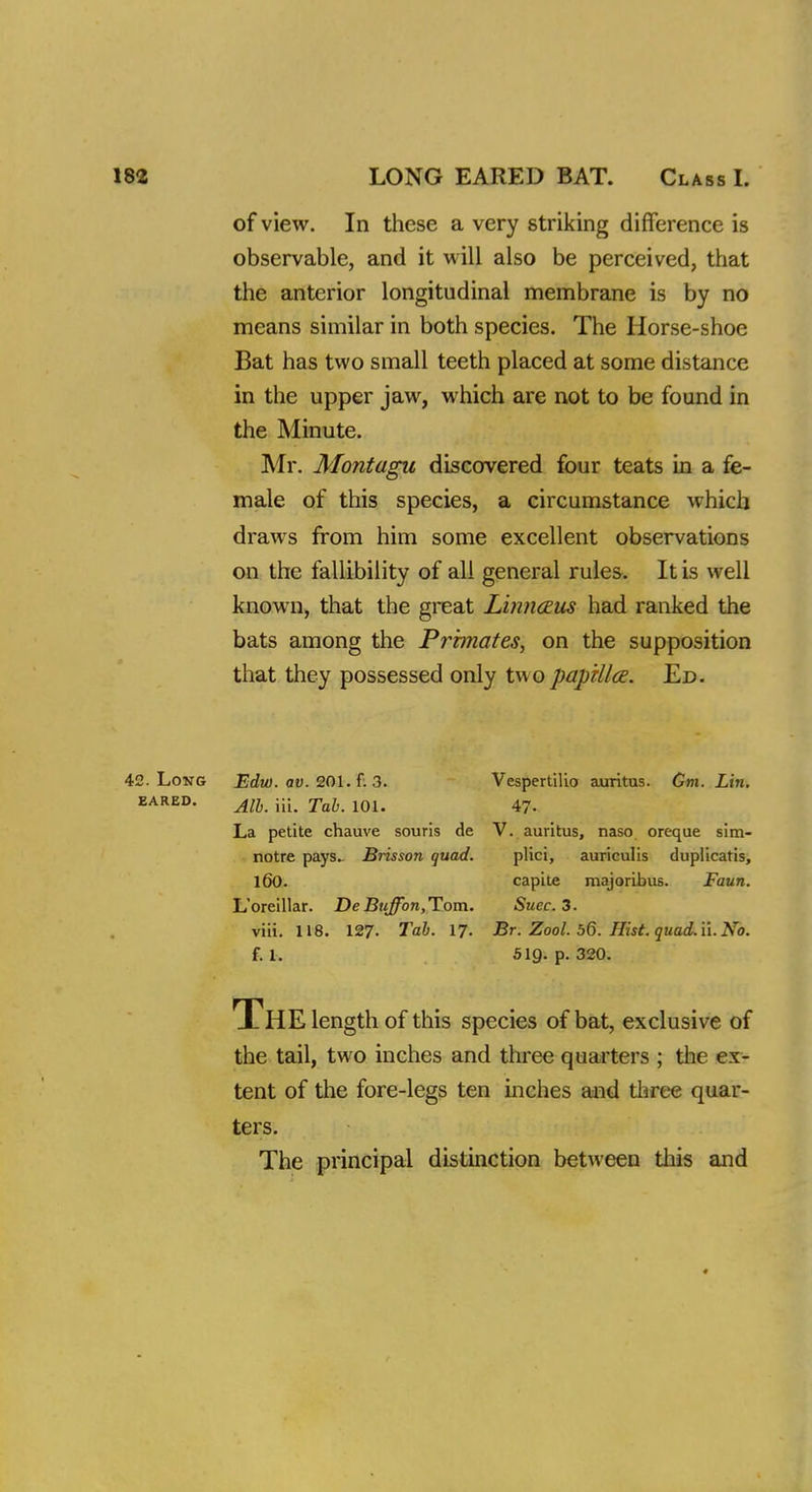 of view. In these a very striking difference is observable, and it will also be perceived, that the anterior longitudinal membrane is by no means similar in both species. The Horse-shoe Bat has two small teeth placed at some distance in the upper jaw, which are not to be found in the Minute. Mr. Montagu discovered four teats in a fe- male of this species, a circumstance which draws from him some excellent observations on the fallibility of all general rules. It is well known, that the great Linnaus had ranked the bats among the Primates, on the supposition that they possessed only two papilla. Ed. 42. Long eared. Edw. av. 201. f. 3. Alb. iii. Tab. 101. La petite chauve souris de notre pays. Brisson quad. 160. L'oreillar. De Buffon, Tom. viii. 118. 127- Tab. 17- f. 1. Vespertilio auritus. Gm. Lin. 47- V. auritus, naso oreque sim- pliei, auriculis duplicatis, capite majoribus. Faun. Suec. 3. Br. Zool. 56. Hist. quad. ii. No. 51Q. p. 320. The length of this species of bat, exclusive of the tail, two inches and three quarters ; the ex- tent of the fore-legs ten inches and three quar- ters. The principal distinction between this and