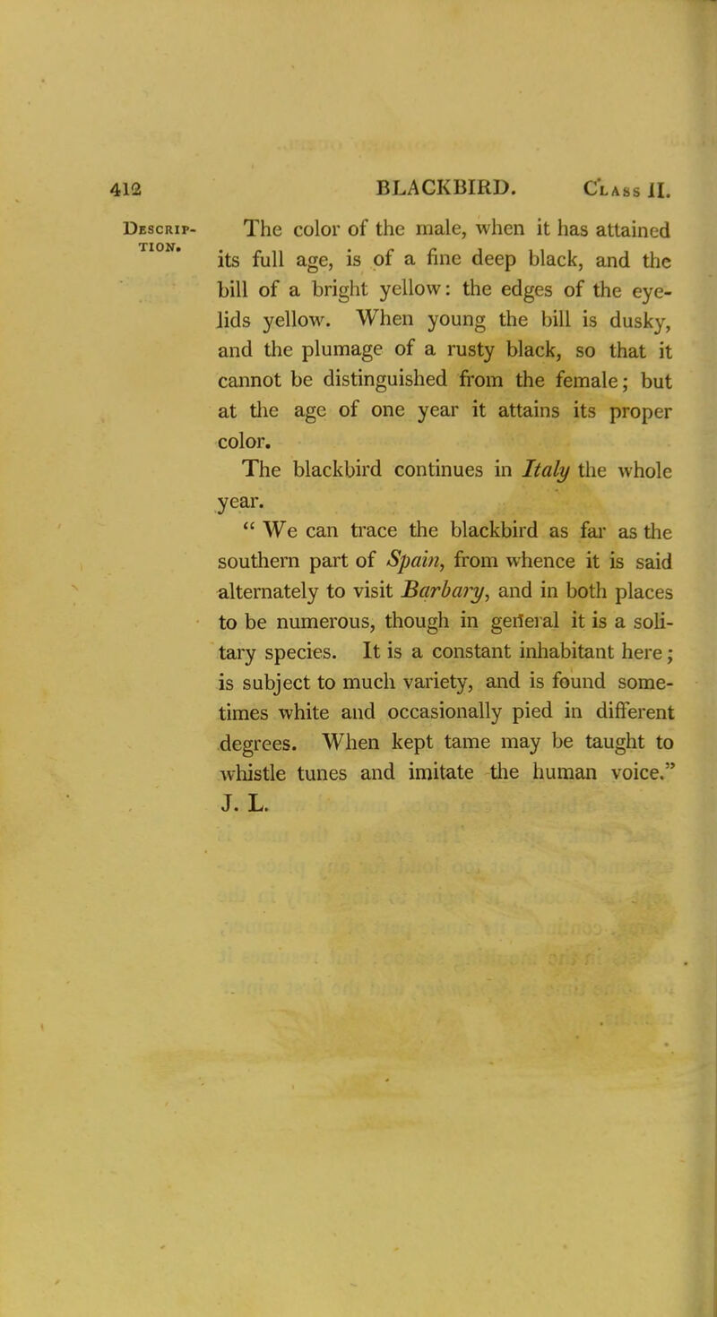 The color of the male, when it has attained its full age, is of a fine deep black, and the bill of a bright yellow: the edges of the eye- lids yellow. When young the bill is dusky, and the plumage of a rusty black, so that it cannot be distinguished from the female; but at the age of one year it attains its proper color. The blackbird continues in Italy the whole year.  We can trace the blackbird as far as the southern part of Spain, from whence it is said alternately to visit Barbary, and in both places to be numerous, though in geileral it is a soli- tary species. It is a constant inhabitant here; is subject to much variety, and is found some- times white and occasionally pied in different degrees. When kept tame may be taught to whistle tunes and imitate the human voice. J. L.