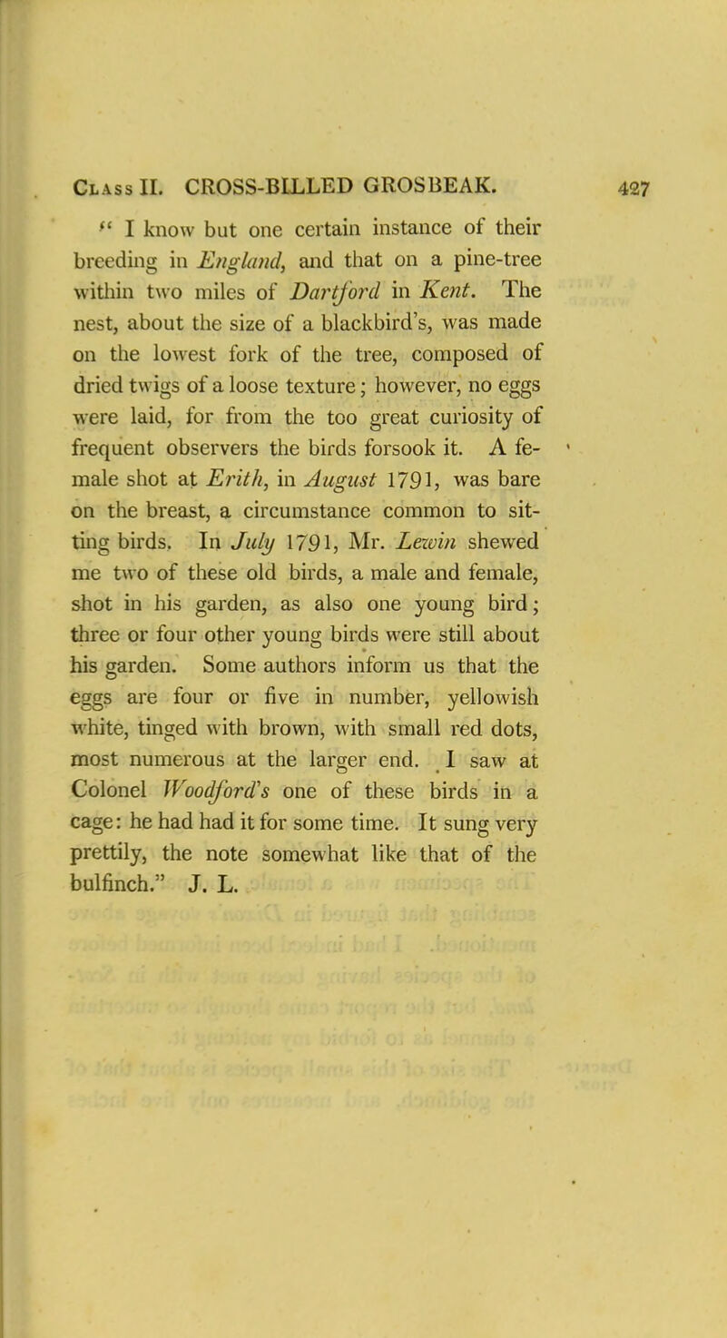 Class II. CROSS-BILLED GROSBEAK.  I know but one certain instance of their breeding in England) and that on a pine-tree within two miles of Dartford in Kent. The nest, about the size of a blackbird's, was made on the lowest fork of the tree, composed of dried twigs of a loose texture; however, no eggs were laid, for from the too great curiosity of frequent observers the birds forsook it. A fe- male shot at Erith, in August 1791, was bare on the breast, a circumstance common to sit- ting birds. In July 1791, Mr. Lewin shewed me two of these old birds, a male and female, shot in his garden, as also one young bird; three or four other young birds were still about his garden. Some authors inform us that the eggs are four or five in number, yellowish white, tinged with brown, with small red dots, most numerous at the larger end. I saw at Colonel Woodford's one of these birds in a cage: he had had it for some time. It sung very prettily, the note somewhat like that of the bulfinch. J. L.