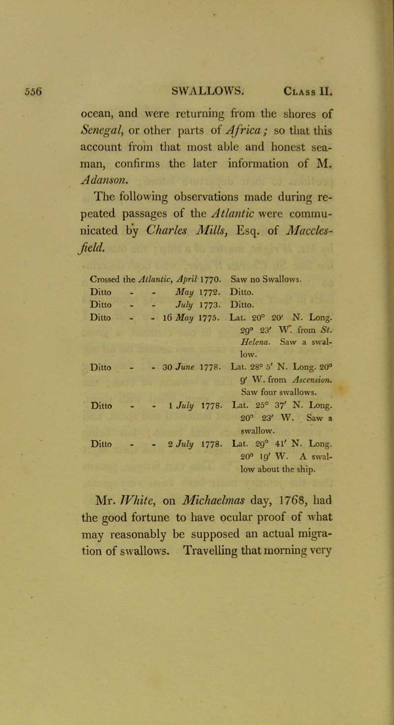 ocean, and were returning from the shores of Senegal, or other parts of Africa ; so that this account from that most able and honest sea- man, confirms the later information of M. Adanson. The following observations made during re- peated passages of the Atlantic were commu- nicated by Charles Mills, Esq. of Maccles- field. Crossed the Atlantic, April 1770. Saw no Swallows. Ditto - - May 1772. Ditto. Ditto - - July 1773. Ditto. Ditto - - 16 May 1775. Lat. 20° 20' N. Long. 29° 23' W. from St. Helena. Saw a swal- low. Ditto - - 30 June 1778. Lat. 28° 5' N. Long. 20° 9' W. from Ascension. Saw four swallows. Ditto - - 1 July 1778. Lat. 25° 37' N. Long. 20° 23' W. Saw a swallow. Ditto - 2 July 1778. Lat. 290 41' N. Long. 20° 19' W. A swal- low about the ship. Mr. White, on Michaelmas day, 1768, had the good fortune to have ocular proof of what may reasonably be supposed an actual migra- tion of swallows. Travelling that morning very