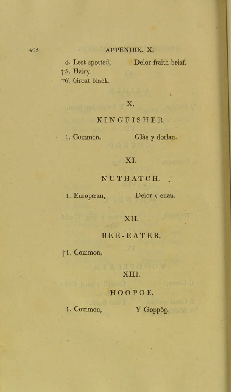 4. Lest spotted, Delor fraith beiaf. f5. Hairy. |6. Great black. X. KINGFISHER. 1. Common. Glas y dorian. XL NUTHATCH. . 1. Europaean, Delor y enau. XII. BEE-EATER, •f 1. Common. XIII. HOOPOE. 1. Common, Y Goppog.