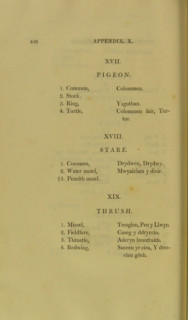 XVII. PIGEON. 1. Common, 2. Stock. 3. Ring, 4. Turtle, Colommen. Ysguthan. Colommen fair, Tur- tur. XVIII. STARE. 1. Common, 2. Water ouzel, |3. Penrith ouzel. Drydwen, Drydvvy. Mwyalchen y divir. XIX. THRUSH. 1. Missel, Tresglen, Pen y Lhvyn 2. Fieldfare, Caseg y ddryccin. 3. Throstle, Aderyn bronfraith. 4. Redwing, Soccen yr eira, Y dres clen goch.
