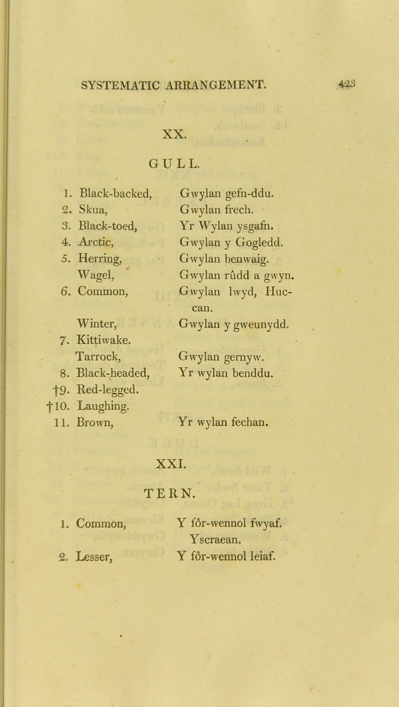 XX. GULL. 1. Black-backed, £. Skua, 3. Black-toed, 4. Arctic, 5. Herring, Wagel, 6. Common, Winter, 7. Kittiwake. Tarrock, 8. Black-headed, f9- Red-legged. f 10. Laughing. 11. Brown, Gwylan gefn-ddu. Gwylan frech. Yr Wylan ysgafn. Gwylan y Gogledd. Gwylan benwaig. Gwylan rudd a gwyn Gwylan lwyd, Hue- can. Gwylan y gweunydd. Gwylan gernyw. Yr wylan benddu. Yr wylan fechan. XXI. TERN. 1. Common, 2. Lesser, Y f6r-wennol fwyaf. Yscraean. Y f6r-wennol leiaf.