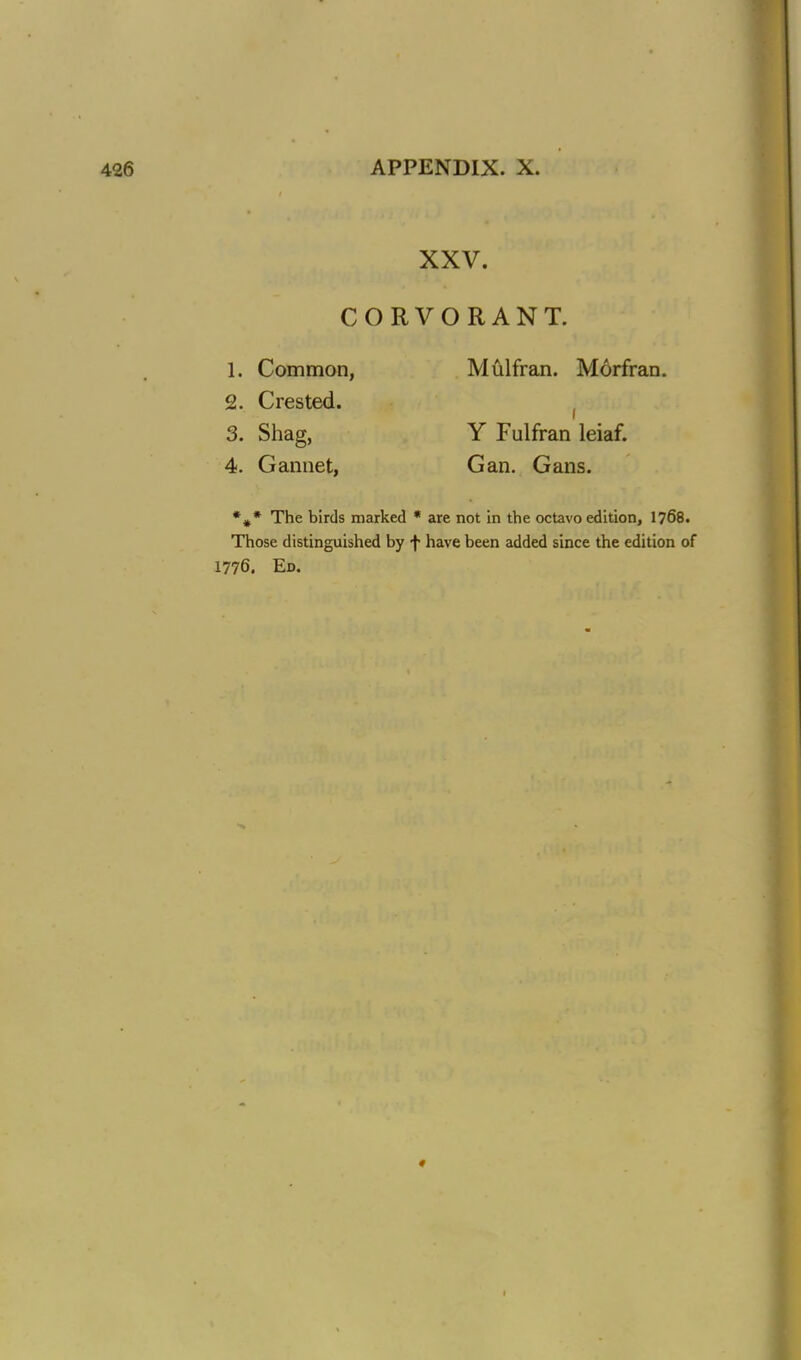 XXV. CORVORANT. 1. Common, Mulfran. Morfran. 2. Crested. 3. Shag, Y Fulfran leiaf. 4. Gannet, Gan. Gans. %* The birds marked * are not in the octavo edition, 1768. Those distinguished by f have been added since the edition of 1776. Ed.
