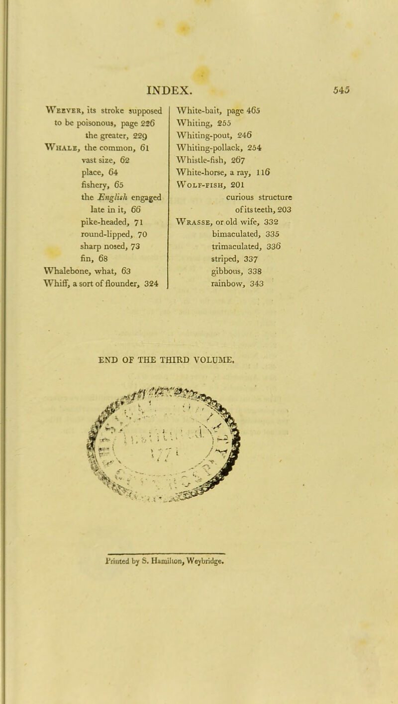 Weever, its stroke supposed to be poisonous, page 226 the greater, 22() Whale, the common, 6l vast size, 62 place, 64 fishery, 65 the English engaged late in it, 66 pike-headed, 71 round-lipped, 70 sharp nosed, 73 fin, 68 Whalebone, what, 63 Whiff, a sort of flounder, 324 White-bait, page 465 Whiting, 255 Whiting-pout, 246 Whiting-pollack, 254 Whistle-fish, 267 White-horse, a ray, 116 Wolf-fish, 201 curious structure of its teeth, 203 Wrasse, or old wife, 332 bimaculated, 335 trimaculated, 336 striped, 337 gibbous, 338 rainbow, 343 END OF THE THIRD VOLUME. l'riuted by S. Hamilton, Weybridge.