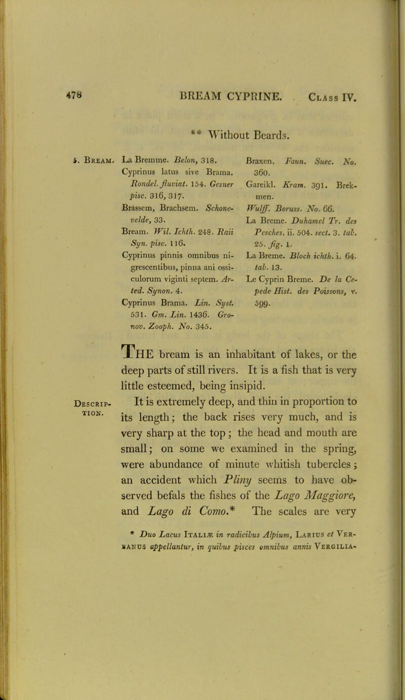 ** Without Beards. i. Bream. Descrip- tion. La Bremme. Belon, 318. Cyprinus latus sive Brama. Rondel, fluviat. 154. Gcsner pise. 316, 317- Brassem, Brachsem. Schone- velde, 33. Bream. Wil. Ichth. 248. Raii Syn. pise. 116. Cyprinus pinnis omnibus ni- grescentibus, pinna ani ossi- culorum viginti septem. Ar- ied. Synon. 4. Cyprinus Brama. Lin. Syst. 531. Gm. Lin. 1436. Gro- nov. Zooph. No. 345. Braxcn. Faun. Suee. No. 360. Gareikl. Kram. 391. Brek- men. Wulff. Boruss. No. 66. La Breme. Duhamel Tr. des Pesches. ii. 604. sect. 3. tab. 25. fg. 1. La Breme. Block ichlh. i. 64. tab. 13. Le Cyprin Breme. De la Cc- pede Hist, des Poissons, v. 599- Th E bream is an inhabitant of lakes, or the deep parts of still rivers. It is a fish that is very little esteemed, being insipid. It is extremely deep, and thin in proportion to its length; the back rises very much, and is very sharp at the top; the head and mouth are small; on some we examined in the spring, were abundance of minute whitish tubercles j an accident which Pliny seems to have ob- served befals the fishes of the Lago MaggiorCf and Lago di Como* The scales are very • Duo Lacus Italic in radieibus Alpium, Larius et Ver- BANUS appellantur, in quibus pisces omnibus annis Vergilia-