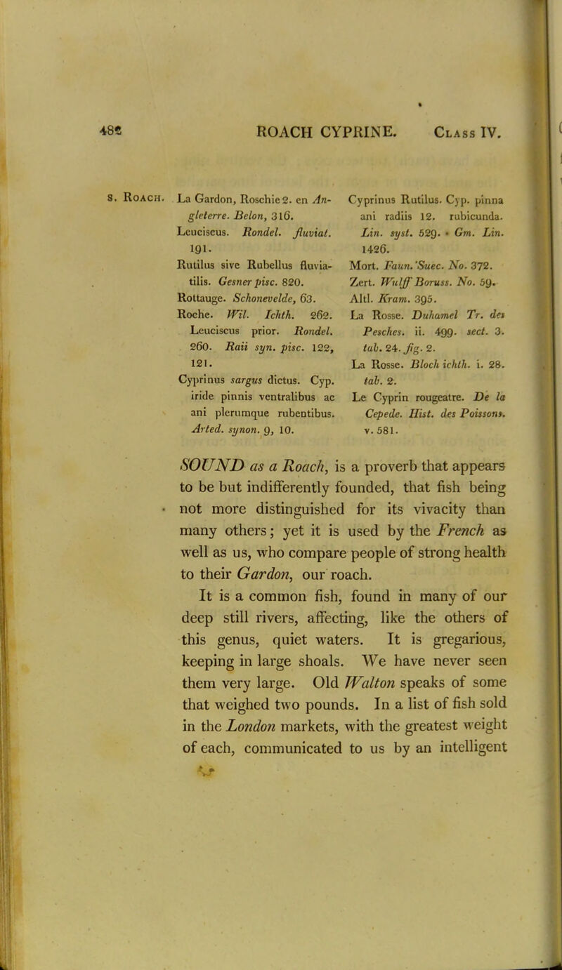 8. Roach. La Gardon, RoschieS. en An- Cyprinus RutUus. Cjp. pinna glelerre. Belon, 3l6. ani radiis 12. rubicunda. Leuciscus. Rondel, fluvial. Lin. syst. 529. • Gm. Lin. 191- 14-26. Rutilus sive Rubellus fluvia- Mort. Faun. 'Suec. No. 372. tilis. Ges7ier pise. 820. Zert. Wuljf Boruss. No. 5g. Rottauge. Schonevelde, 63. Altl. Kram. 3Q5. Roche. JVil. Ichth. 262. La Rosse. Duhamel Tr. dei Leuciscus prior. Rondel. Pesches. li. 499. sect. 3. 260. Rail syn. pise. 122, tah.24.flg.2. 121. La Rosse. Block ichlh. i. 28. Cyprinus sargus dictus. Cyp. tab. 2. iride pinnis ventralibus ac Le Cyprin rougcatre. De la ani plerumque rubentibus. Cepede. Hist, des Poisson*. Arted. synon. 9, 10. v. 581. SOUND as a Roach, is a proverb that appears to be but indifferently founded, that fish being • not more distinguished for its vivacity than many others; yet it is used by the French as well as us, who compare people of strong health to their Gardon^ our roach. It is a common fish, found in many of our deep still rivers, affecting, like the others of this genus, quiet waters. It is gregarious, keeping in large shoals. We have never seen them very large. Old TValton speaks of some that weighed two pounds. In a list of fish sold in the London markets, with the greatest weight of each, communicated to us by an intelligent