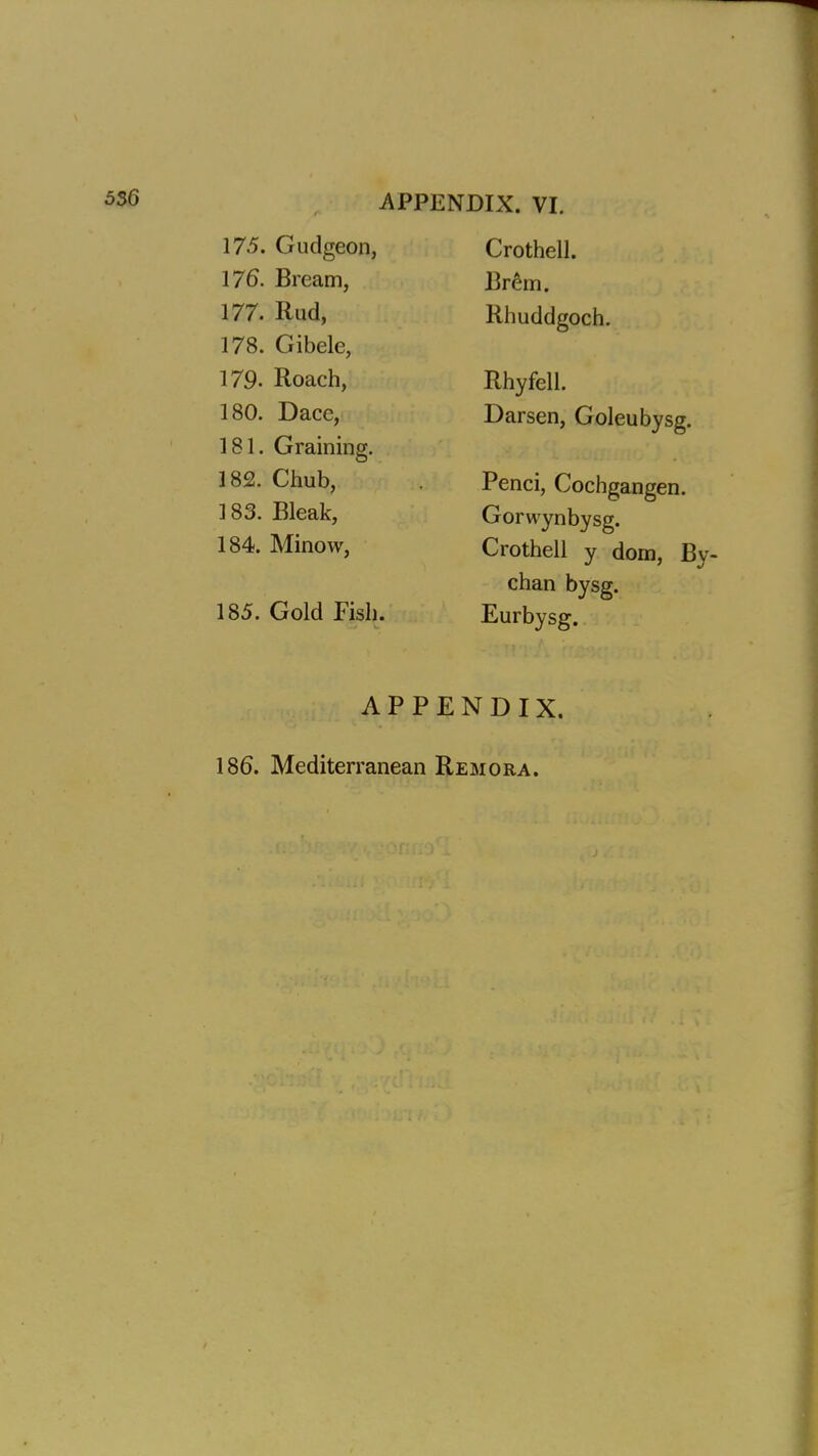 175. Gudgeon, 176. Bream, 177. Rud, 178. Gibele, 179. Roach, 180. Dace, 181. Graining. 182. Chub, 183. Bleak, 184. Minow, 185. Gold Fish. Crothell. Brem. Rhuddgoch. Rhyfell. Darsen, Goleubysg. Penci, Cochgangen. Gorwynbysg. Crothell y dom, By- chan bysg. Eurbysg. APPENDIX. 186. Mediterranean Remora.