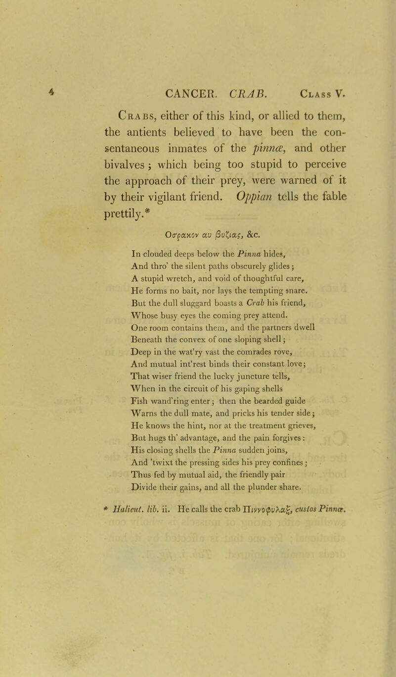 Crabs, either of this kind, or allied to them, the antients believed to have been the con- sentaneous inmates of the pinna, and other bivalves ; which being too stupid to perceive the approach of their prey, were warned of it by their vigilant friend. Oppian tells the fable prettily.* In clouded deeps below the Pinna hides, And thro' the silent paths obscurely glides; A stupid wretch, and void of thoughtful care, He forms no bait, nor lays the tempting snare. But the dull sluggard boasts a Crab his friend, Whose busy eyes the coming prey attend. One room contains them, and the partners dwell Beneath the convex of one sloping shell; Deep in the wat'ry vast the comrades rove, And mutual int'rest binds their constant love; That wiser friend the lucky juncture tells, When in the circuit of his gaping shells Fish wand'ring enter; then the bearded guide Warns the dull mate, and pricks his tender side; He knows the hint, nor at the treatment grieves, But hugs th' advantage, and the pain forgives: His closing shells the Pinna sudden joins, And 'twixt the pressing sides his prey confines; Thus fed by mutual aid, the friendly pair Divide their gains, and all the plunder share. * Ualicul. lib. ii. He calls the crab IltvvofvXa^, custos Pinna.