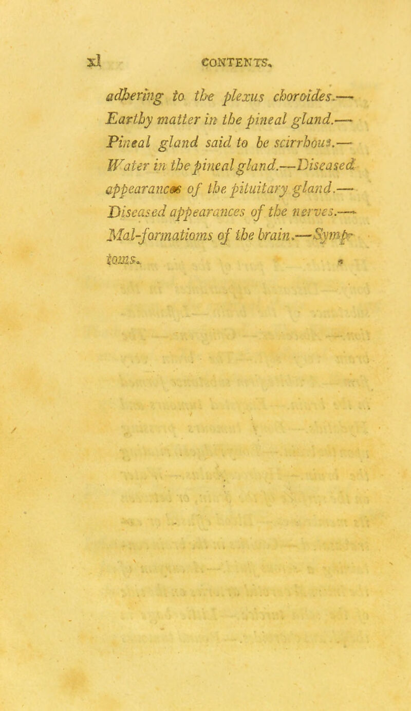 adkering to the plexus choraides.— Earthy matter in the pi?ieal gland.— Pineal gland said to be scirrhous}.— Boater in the pineal gland.—Diseased appearances of the pituitary gland.— Diseased appearances of the nerves.—^ Mal'formatioms of the brain,—!^yfnpr