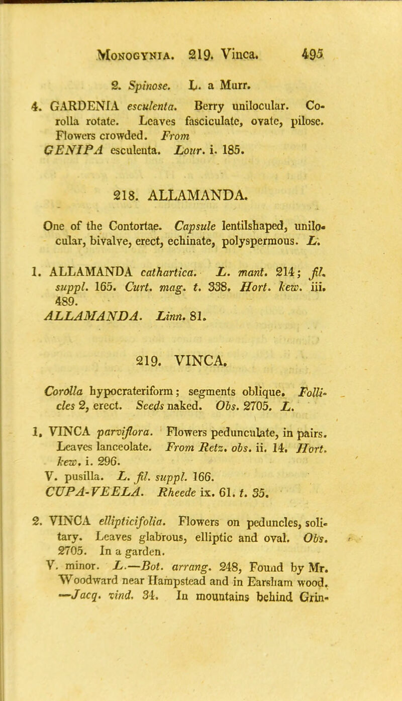 2. Spinose. L. a Murr. 4. GARDENIA esculenta. Berry unilocular. Co- rolla rotate. Leaves fasciculate, ovate, pilose. Flowers crowded. From CENIPA esculenta. Lour. i. 185. 218. ALLAMANDA. One of the Contortae. Capsule lentilshaped, unilo- cular, bivalve, erect, echinate, polyspermous. L. 1. ALLAMANDA cathartica. L. mant. 214; JiL suppl. 165. Curt. mag. t. 338, Hort. hew. iii. 489. ALLAMANDA. Linn. 81. 219. VINCA. Corolla hypocrateriform; segments oblique. Folli- cles 2, erect. Seeds naked. Obs. 2705. L. 1, VINCA parvifora. Flowers pedunculate, in pairs. Leaves lanceolate. From Retz. obs. ii. 14. Hort. femr i. 296. V. pusilla. L. JiL suppl. 166. CUP A- VEELA. Rheede ix. 61. /. 35. 2. VINCA ellipticifolia. Flowers on peduncles, soli- tary. Leaves glabrous, elliptic and oval. Obs. 2705. In a garden. V. minor. L.—Bot. arrang. 248, Found by Mr. Woodward near Hampstead and in Earsliam wood. —J acq. xind. 3\. In mountains behind Grin-