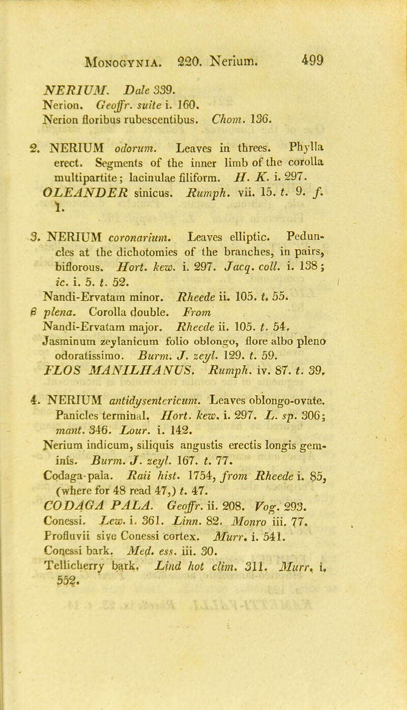 NER1UM. Dale 339. Nerion. Geojfr. suite i. 160. Nerion floribus rubescentibus. Chom. 136. 2. NERIUM odorum. Leaves in threes. Phylla erect. Segments of the inner limb of the corolla multipartite; lacinulae filiform. H. K. i. 297. OLEANDER sinicus. Rumph. vii. 15. t. 9. /. 1. 3. NERIUM coronarium. Leaves elliptic. Pedun- cles at the dichotomies of the branches, in pairs, biflorous. Hort. kew. i. 297. Jacq. coll. i. 138; ic. i. 5. t. 52. Nandi-Ervatam minor. Rheede ii. 105. t. 55. 8 plena. Corolla double. From Nandi-Ervatam major. Rheede ii. 105. t• 54, Jasminum zeylanicum folio oblongo, flore albo pleno odoratissimo. Burm. J. zeyl. 129. t. 59. FLOS MANILIIANUS. Rumph. iv. 87. t. 39. 4. NERIUM antidysentericum. Leaves oblongo-ovate. Panicles terminal. Hort. kew. i. 297. L. sp. 306; mant. 346. Lour. i. 142. Nerium indicum, siliquis angustis erectis longis gem- inis. Burm. J. zeyl. 167. t. 77. Codaga-paia. Raii hist. 1754, from Rheede i. 85, (where for 48 read 47,) t. 47. CO DAG A PALA. Geoffr. ii. 208. Vog. 293. Conessi. Lew. i. 361. Linn. 82. Monro iii. 77. Profluvii siyo Conessi cortex. Murr, i. 541. Coqes.-si bark. Metf. ess. iii. 30. Tellicherry bark, Lind hot dim. 311. Mun\ i. 552.