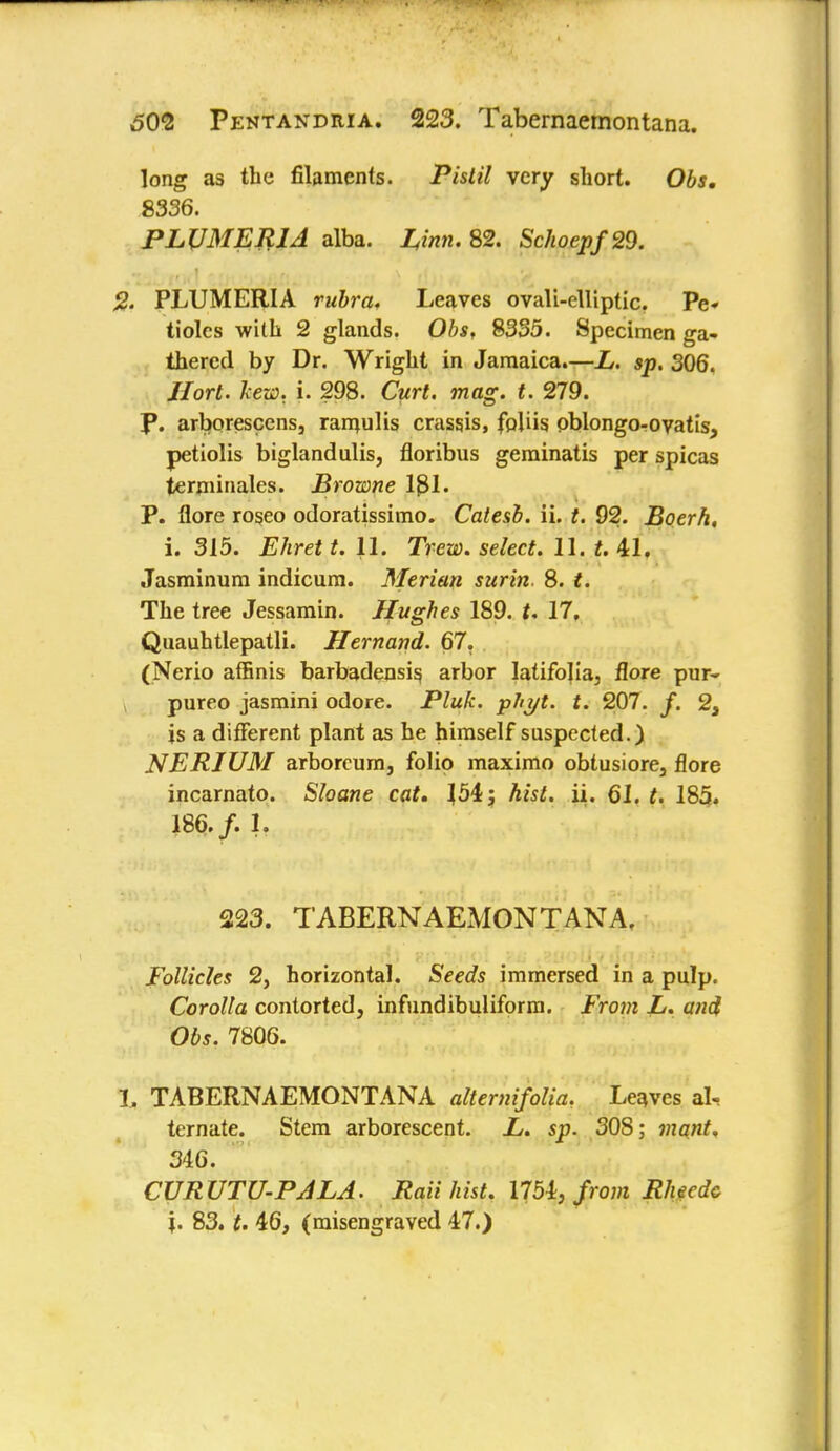 long as the filaments. Pistil very short. Obs. 8336. PLVMER1A alba. Unn. 82. Schoep/29. 2. PLUMERIA rubra., Leaves ovali-elliptic. Pe- tioles with 2 glands. Obs, 8335. Specimen ga- thered by Dr. Wright in Jamaica.—L. sp. 306. Jlort. kezv. i. 298. Curt. mag. t. 279. P. arborescens, ramulis crassis, fpliis pblongOrOvatis, petiolis biglandulis, floribus geminatis per spicas terminales. Browne 181. P. flore roseo odoratissimo. Catesb. ii. t. 92. Boerh, i. 315. Ehret t. 11. TVeo). se/ecf. 11. £. 41. Jasminum indicum. Merian surin. 8. f. The tree Jessamin. Hughes 189. f. 17, Quauhtlepatli. Hernand. 67. (Nerio affinis barbadensis, arbor Iatifolia, flore pur- pureo jasmini odore. Plulc. pftyt. t. 207. f. 2, is a different plant as be himself suspected.) NERIUM arborcum, folio maximo obtusiore, flore incarnato. Sloane cat. J54j hist. ii. 61. t. 185. 186./. 1. 223. TABERNAEMONTANA, Follicles 2, horizontal. Seeds immersed in a pulp. Corolla contorted, infundibuliform. From L. and Obs. 7806. X. TABERNAEMONTANA alternifolia. Leaves al- ternate. Stem arborescent. L. sp. 308; mant. 346. CURUTU-PALA. Raii hist, 1754, from Rhecdc \. 83. t. 46, (misengraved 47.)