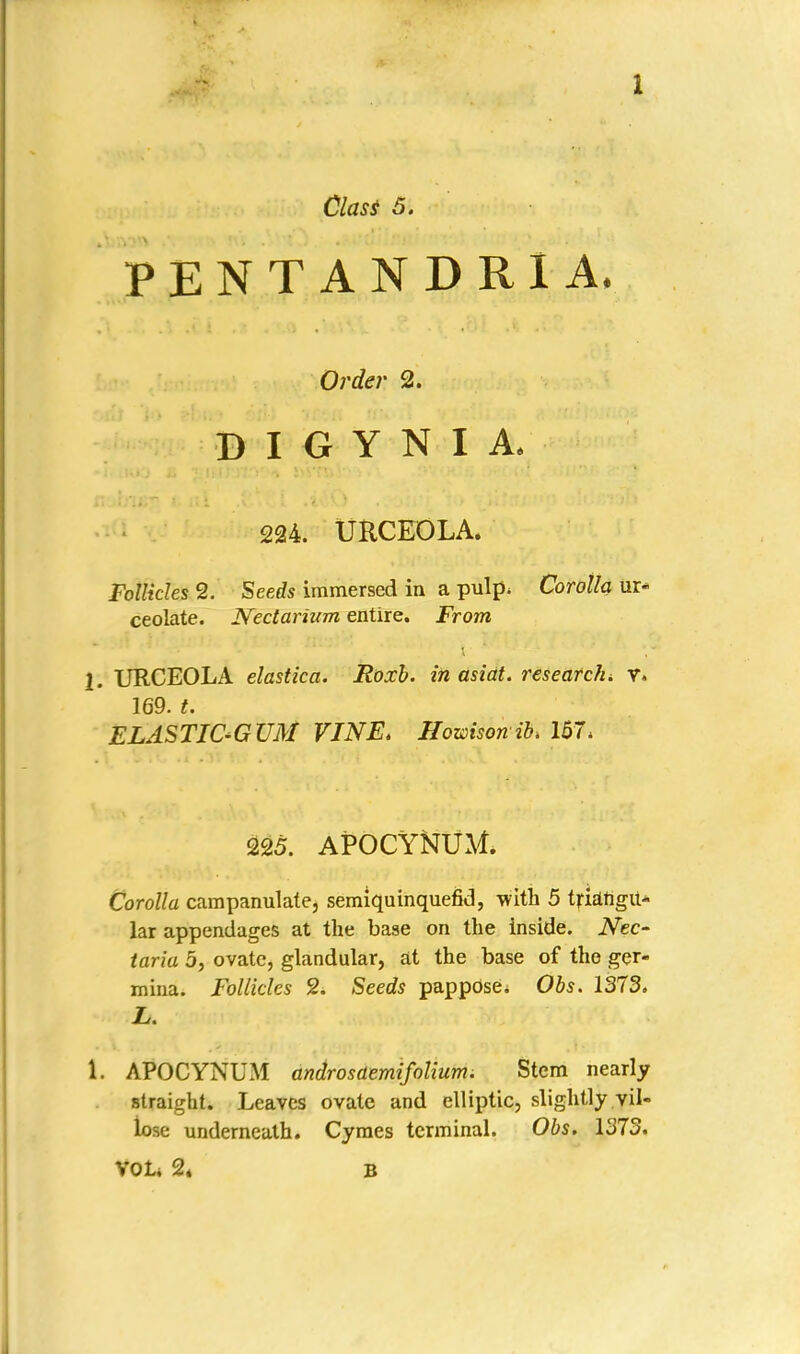 Class 5. PENTANDRIA. Order 2. D I G Y N I A. 224. URCEOLA. Follicles 2. Seeds immersed in a pulp, Corolla ur- ceolate. Nectarium entire. From 2. URCEOLA elastica. Roxb. in asidt. research^ V. 169. t. ELASTI&GUM VINE* Hozoisonib. 157, 225. APOCYNUM Corolla campanulate, semiquinquefid, with 5 triangu- lar appendages at the base on the inside. Nec- taria 5, ovate, glandular, at the base of the ger- mina. Follicles 2. Seeds pappose; Obs. 1373. L. 1. APOCYNUM androsdemifolium. Stem nearly straight. Leaves ovate and elliptic, slightly vil- iose underneath. Cymes terminal. Obs. 1373. VOL* 2* b