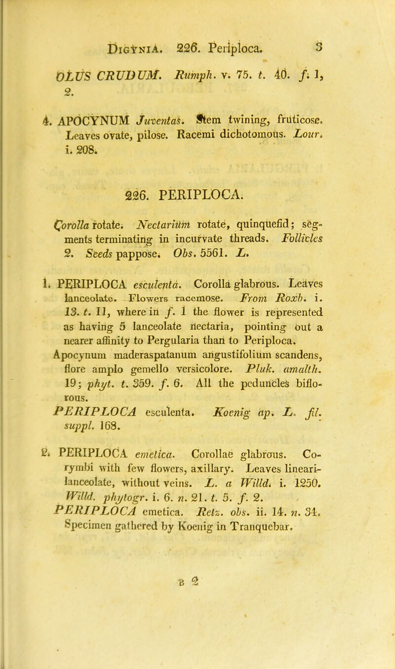 OLUS CRUDUM. Humph, v. 75. t. 40. /; 1, 2. 4. APOCYNUM Junentas. Sftem twining, fruticose. Leaves ovate, pilose. Racemi dichotomous. Lour. i. 208. 226. PERIPLOCA. Corolla rotate. Nectarium rotate, quinqtiefid; seg- ments terminating in incurvate threads. Follicles 2. Seeds pappose. Obs. 5561. L. 1. PERIPLOCA esculentd. Corolla glabrous. Leaves lanceolate. Flowers racemose. From Roxb. i. 13. t. 11, where in /. 1 the flower is represented as having 5 lanceolate riectaria, pointing out a nearer affinity to Pergularia than to Periploca. Apocynum maderaspatanum angustifolium scandens, flore amplo gemello versicolore. Pluk. amalth. 19; phj/t. t. 359. /. 6. All the peduncles biflo- rous. PERIPLOCA esculenta. Koenig ap. L. fil. suppl. 168. 2. PERIPLOCA emelica. Corollae glabrous. Co- rymbi with few flowers, axillary. Leaves lineari- lanceolate, without veins. L. a Willd. i. 1250. Willd. phylogr. i. 6. n. 21. t. 5. /. 2. PERIPLOCA emetica. Mete. obs. ii. 14. n. 34. Specimen gathered by Koenig in Tranqucbar.
