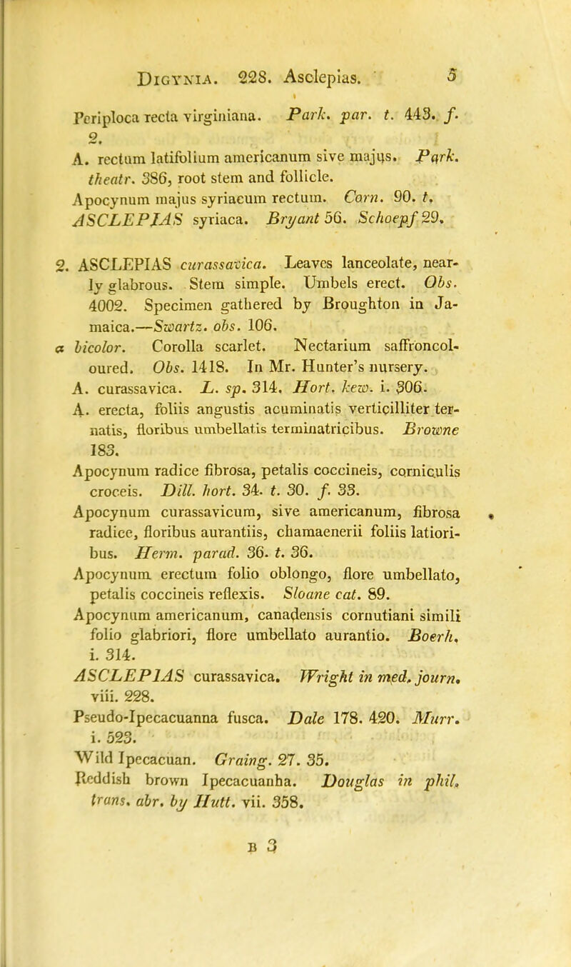 Periploca recta virginiana. Parle, par. t. 443../. o * A. rectum latifolium americanum sive majus. Pa.rk. theatr. 3S6, root stem and follicle. Apocynum majus syriacum rectum. Corn. 90. t. ASCLEPIAS syriaca. Bryant 56. Schoepf29. 2. ASCLEPIAS eurassa-cka. Leaves lanceolate, near- ly glabrous. Stem simple. Umbels erect. Obs. 4002. Specimen gathered by Broughton in Ja- maica.—Sioartz. obs. 106. a bicolor. Corolla scarlet. Nectarium saffroncol- oured. Obs. 1418. In Mr. Hunter's nursery. A. curassavica. L. sp. 314. Hort. kexo. i. 306. A. erecta, foliis angustis acuminatis verticilliter ter- natis, floribus umbellatis terminatricibus. Browne 183. Apocynum radice fibrosa, petalis coccineis, cqrniculis croceis. Dill. hort. 34. t. 30. /. 33. Apocynum curassavicura, sive americanum, fibrosa radice, floribus aurantiis, chamaenerii foliis latiori- bus. Herm. parad. 36. t. 36. Apocynum erectum folio oblongo, flore umbellato, petalis coccineis reflexis. Sloane cat. 89. Apocynum americanum, canadensis cornutiani simili folio glabriori, flore umbellato aurantio. Boerh, i. 314. ASCLEPIAS curassavica. Wright in medr journ, viii. 228. Pseudo-Ipecacuanna fusca. Dale 178. 420. Mnrr. i. 523. Wild Ipecacuan. Graing. 27. 35. Reddish brown Ipecacuanha. Douglas in phil, trans, abr. by JIutt. vii. 358.